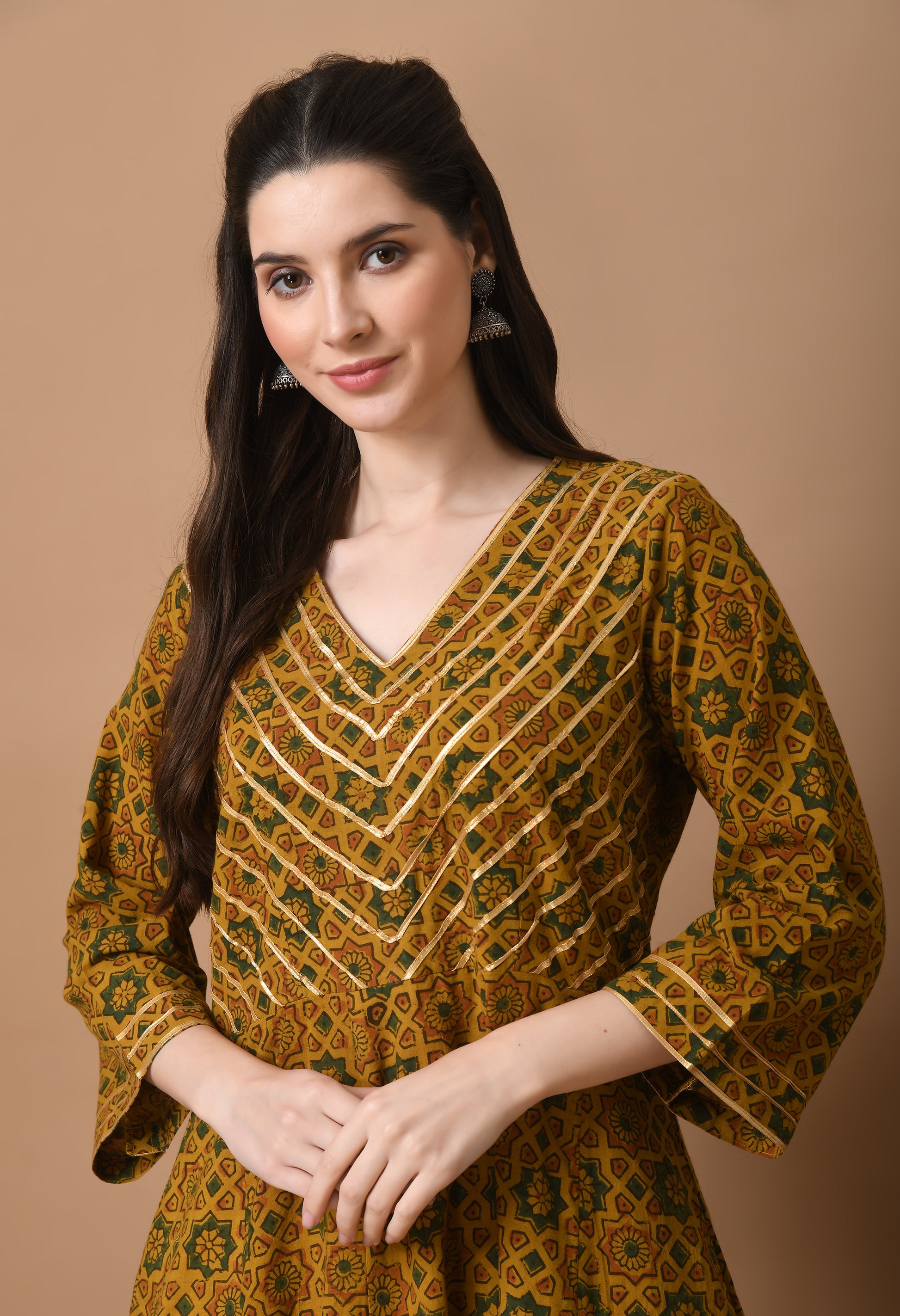 Mustard Ajrakh Printed Cotton Kali Kurta