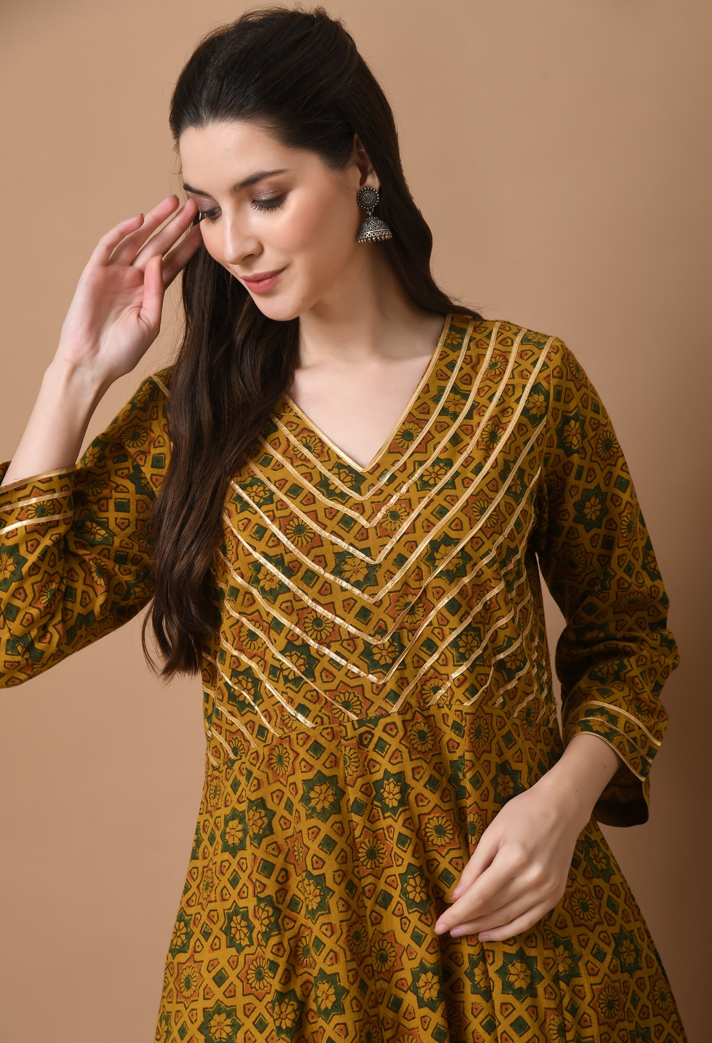 Mustard Ajrakh Printed Cotton Kali Kurta