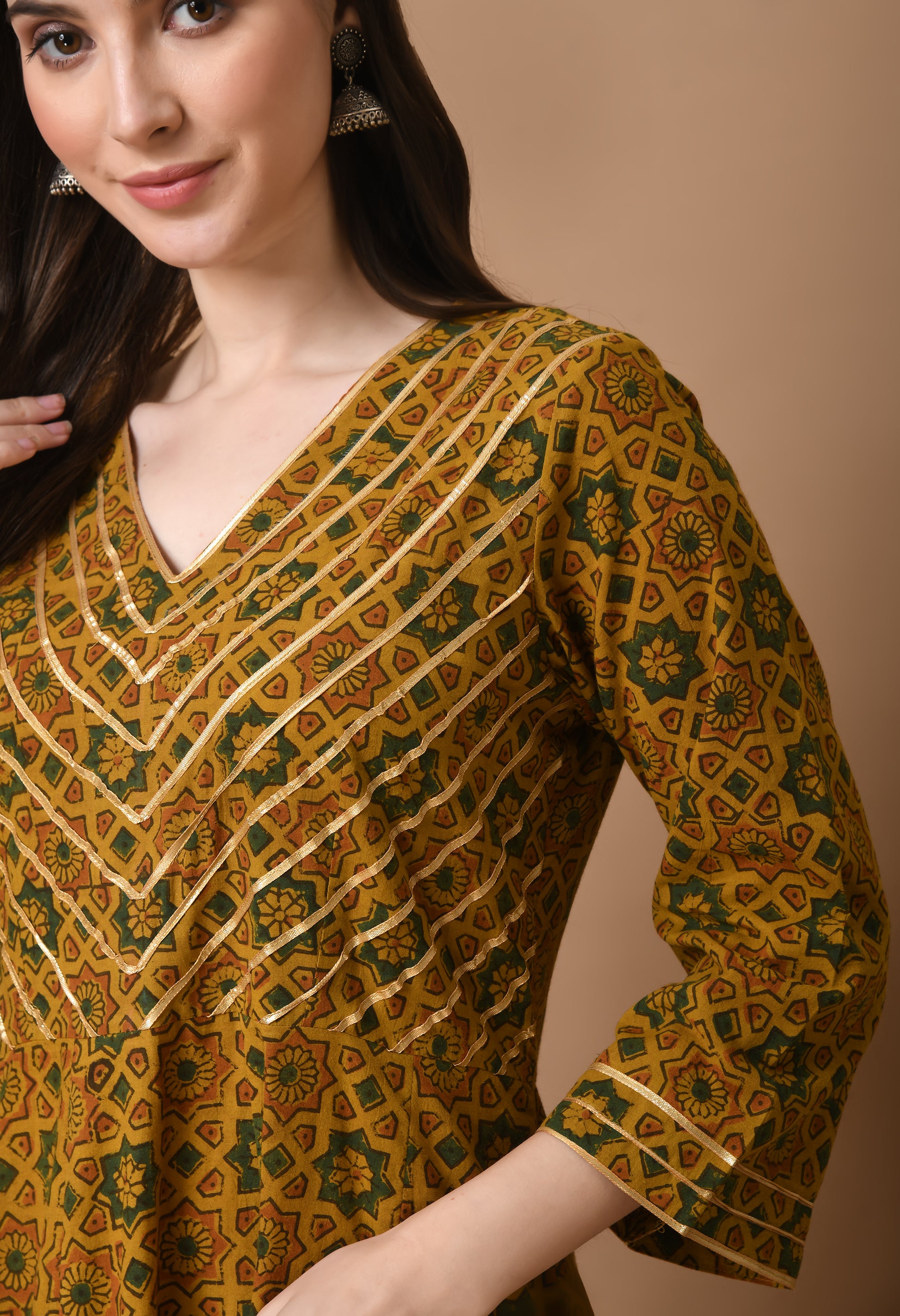 Mustard Ajrakh Printed Cotton Kali Kurta