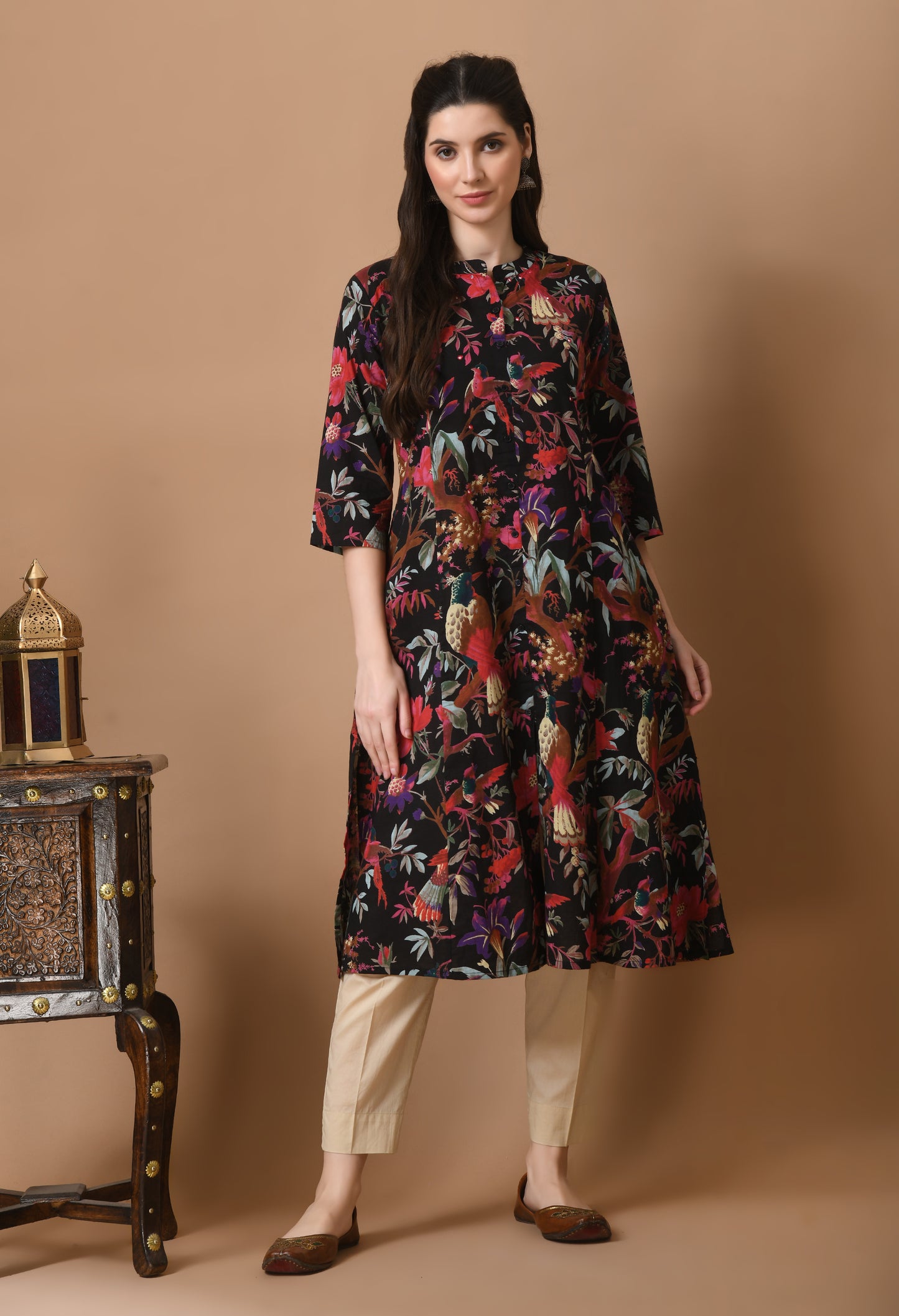 Midnight Black Cotton Printed Long Kurta