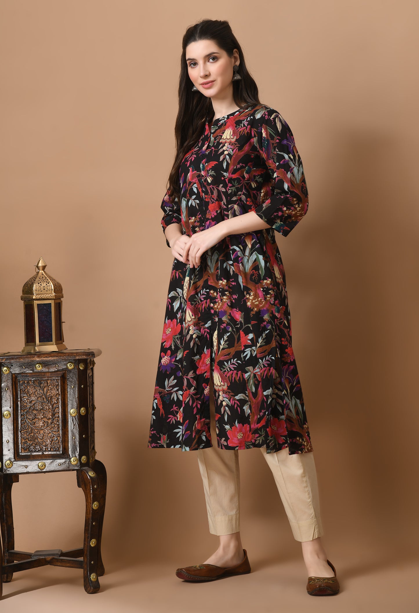 Midnight Black Cotton Printed Long Kurta