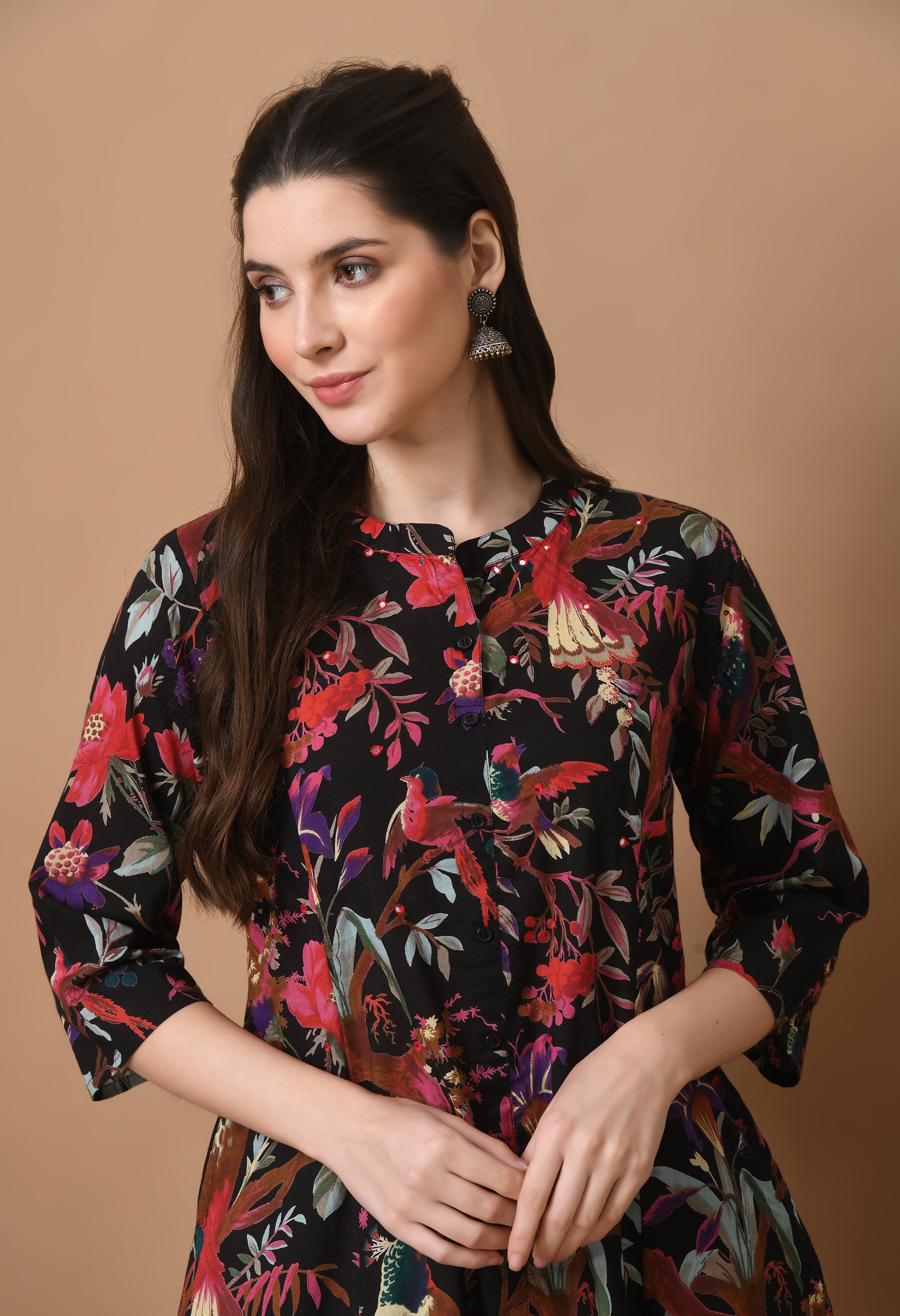 Midnight Black Cotton Printed Long Kurta