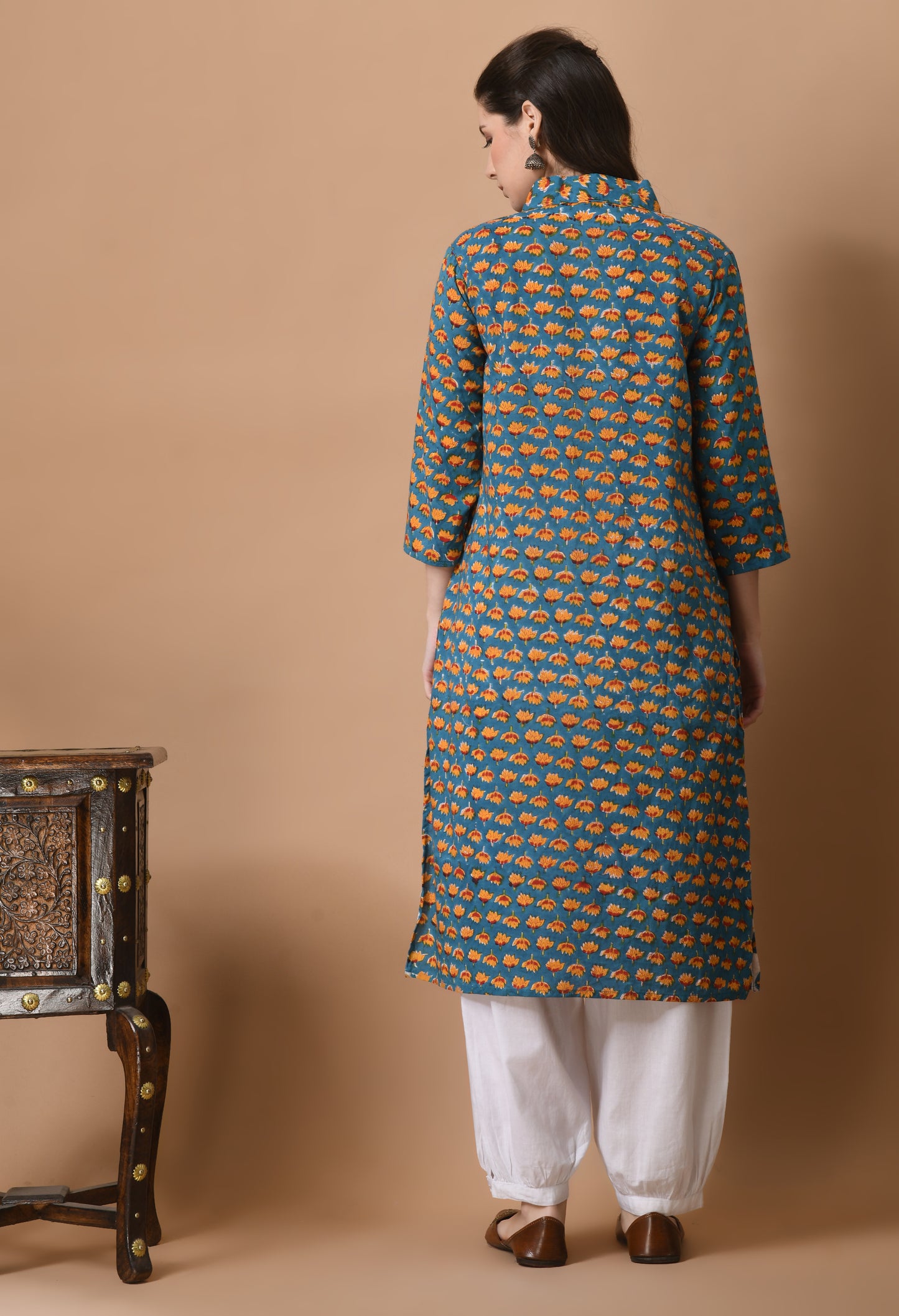 Blue Cotton Hand block Printed Knee length kurta