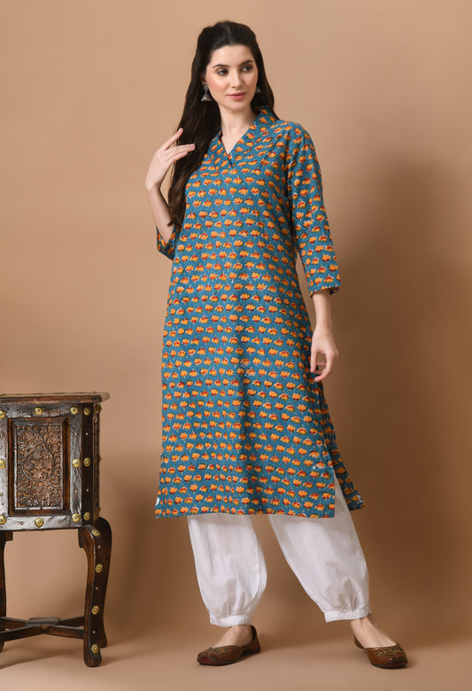 Blue Cotton Hand block Printed Knee length kurta