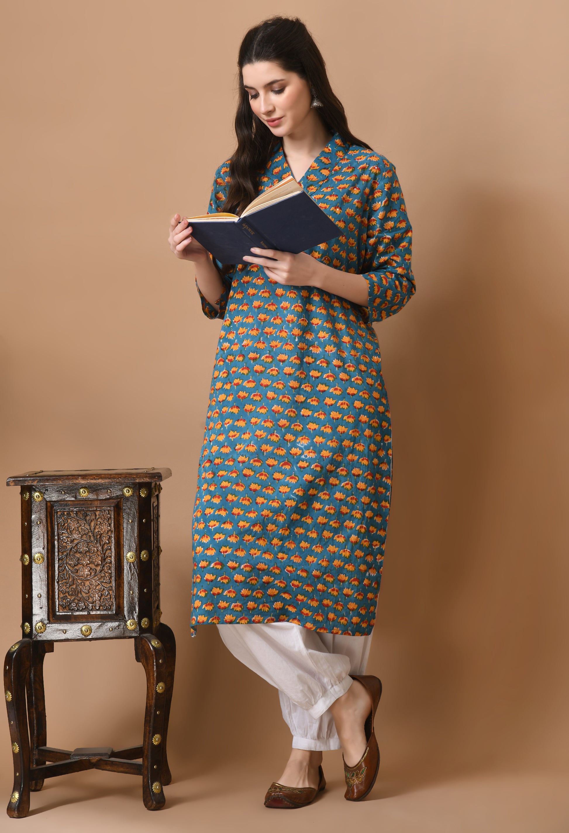 Blue Cotton Hand block Printed Knee length kurta