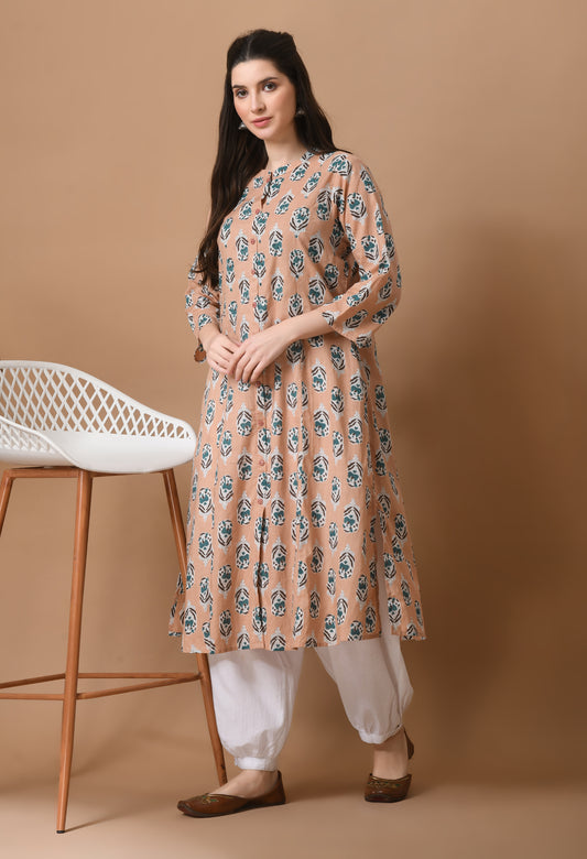 Pink Cotton Printed Long Kurta