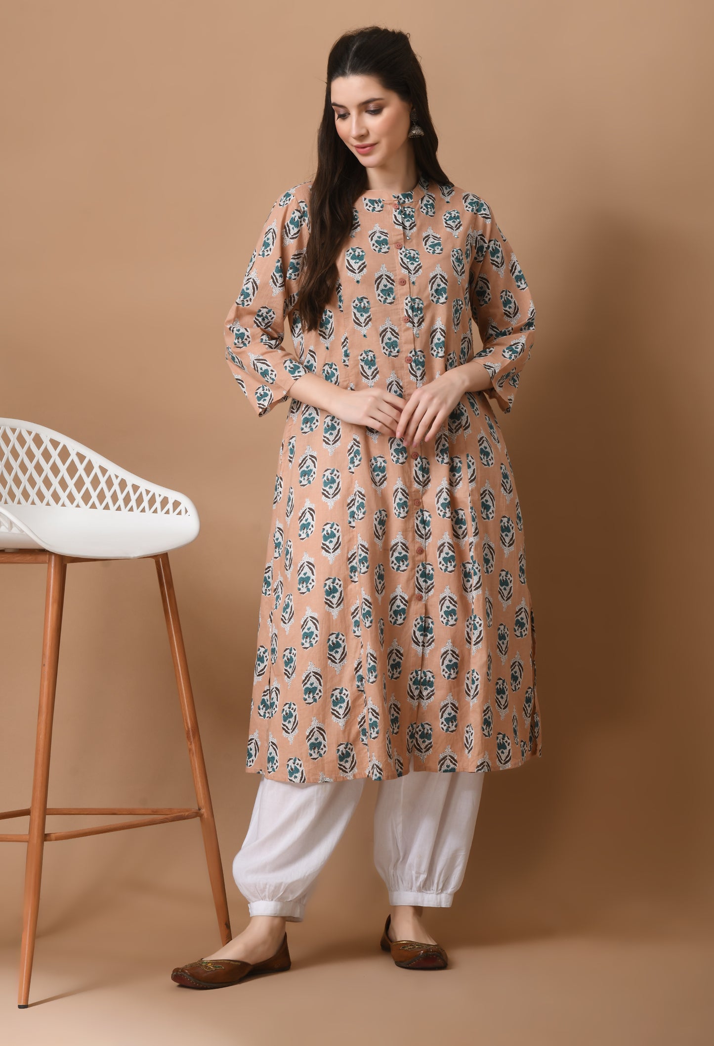 Pink Cotton Printed Long Kurta