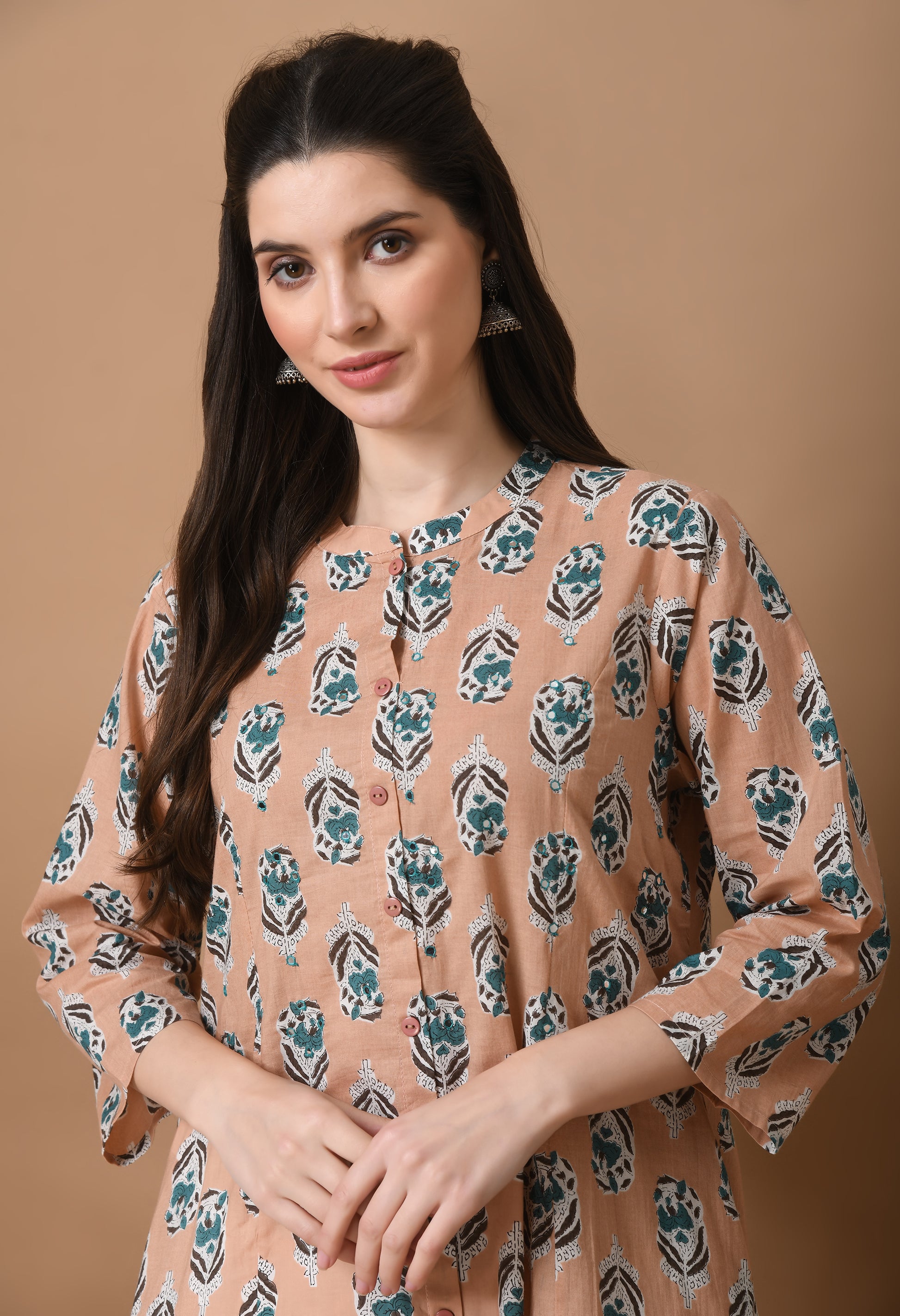 Pink Cotton Printed Long Kurta