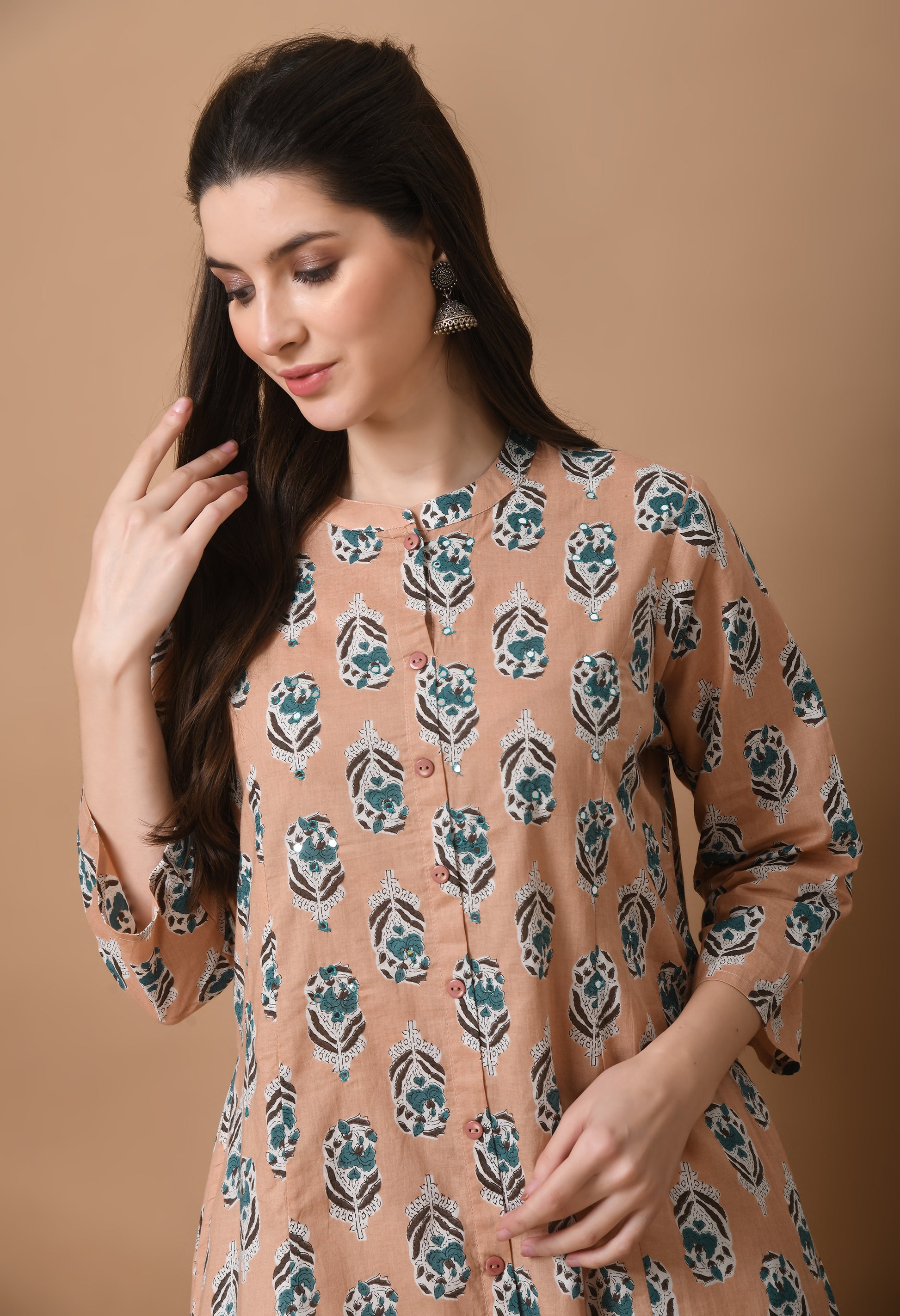 Pink Cotton Printed Long Kurta