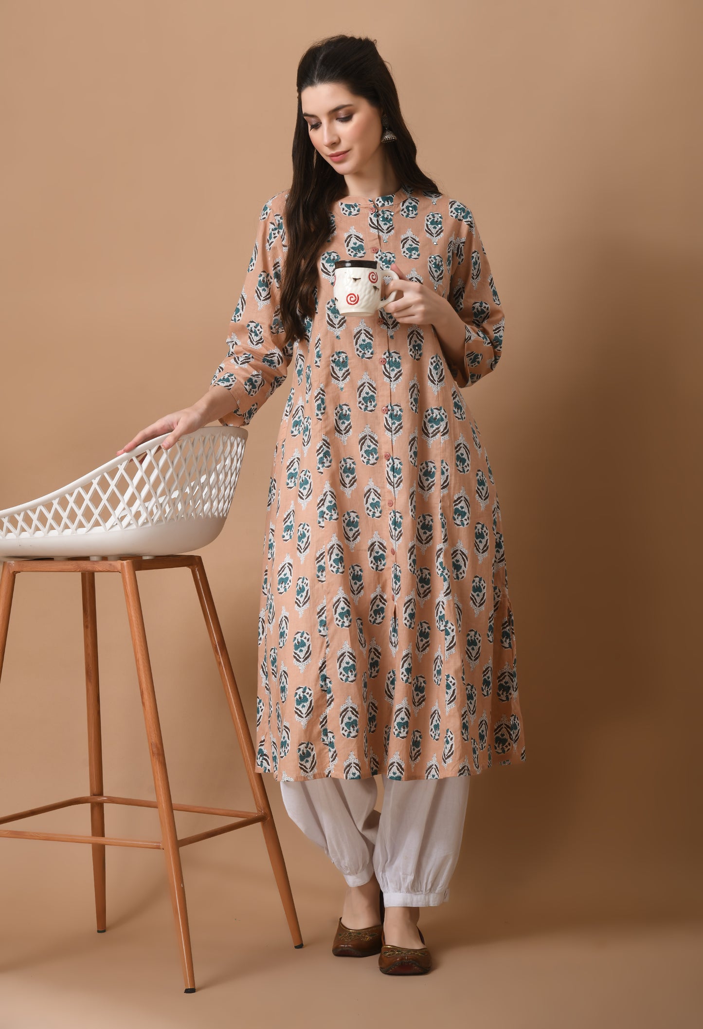 Pink Cotton Printed Long Kurta