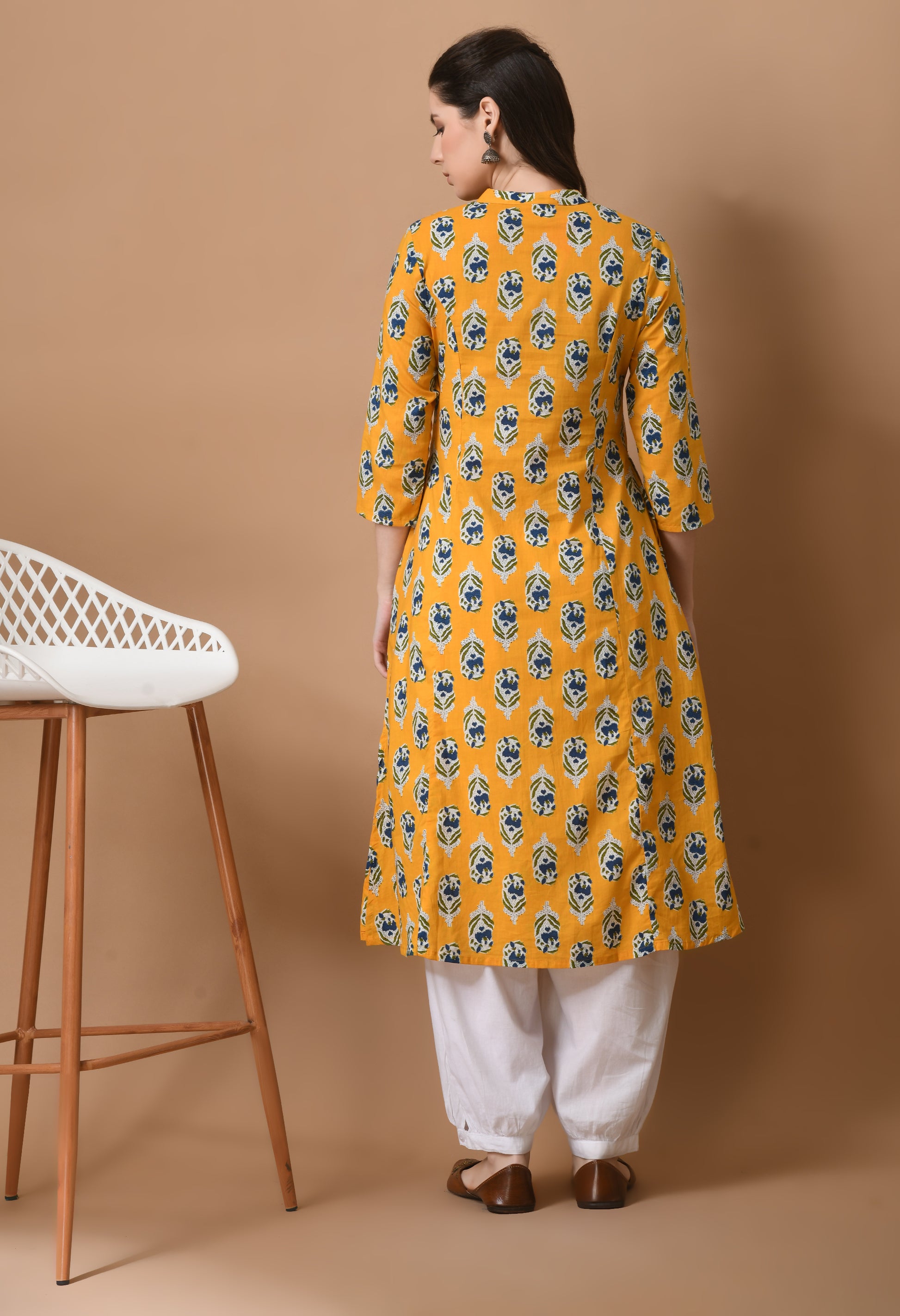 Yellow Cotton Printed Long kurta