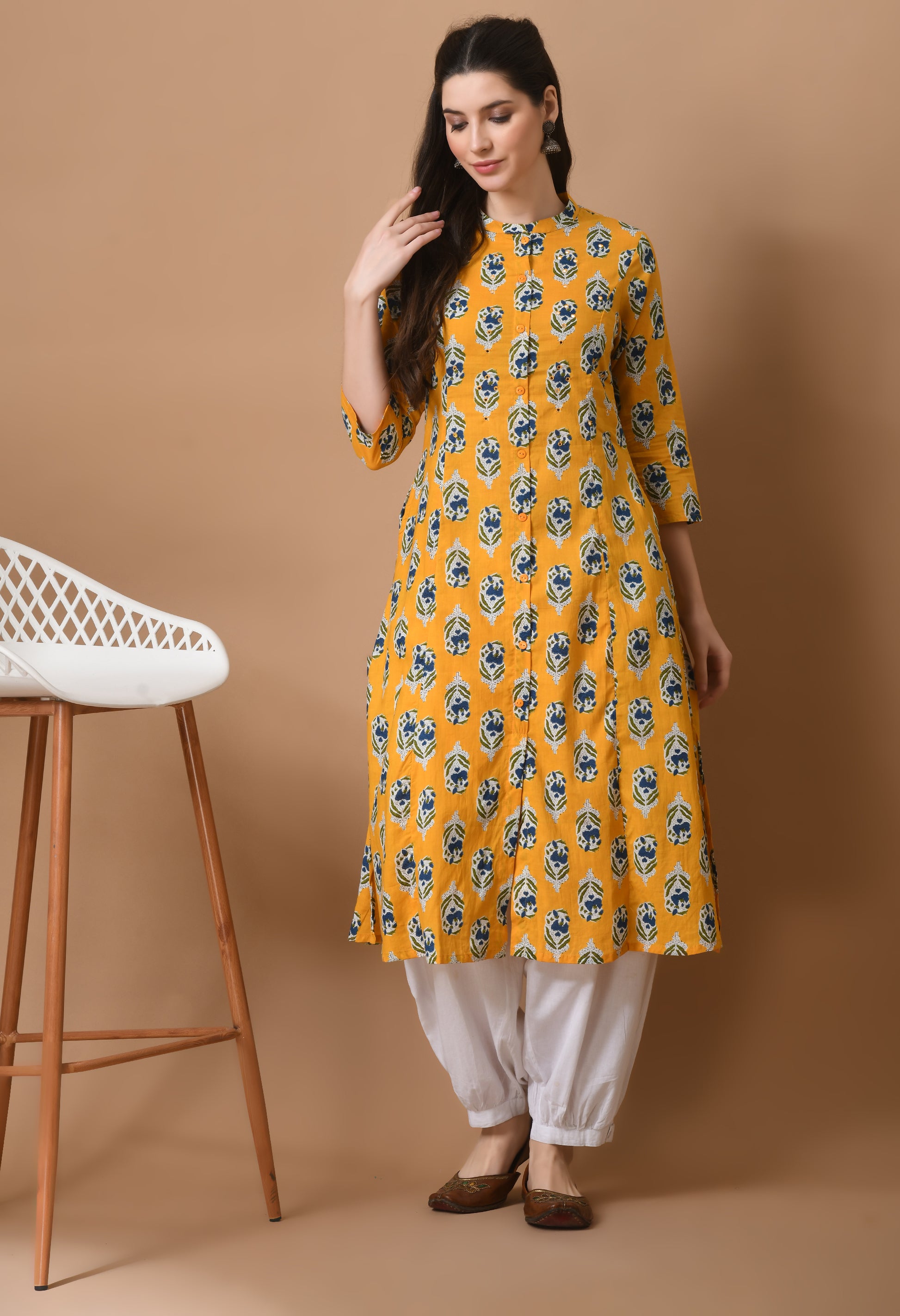 Yellow Cotton Printed Long kurta