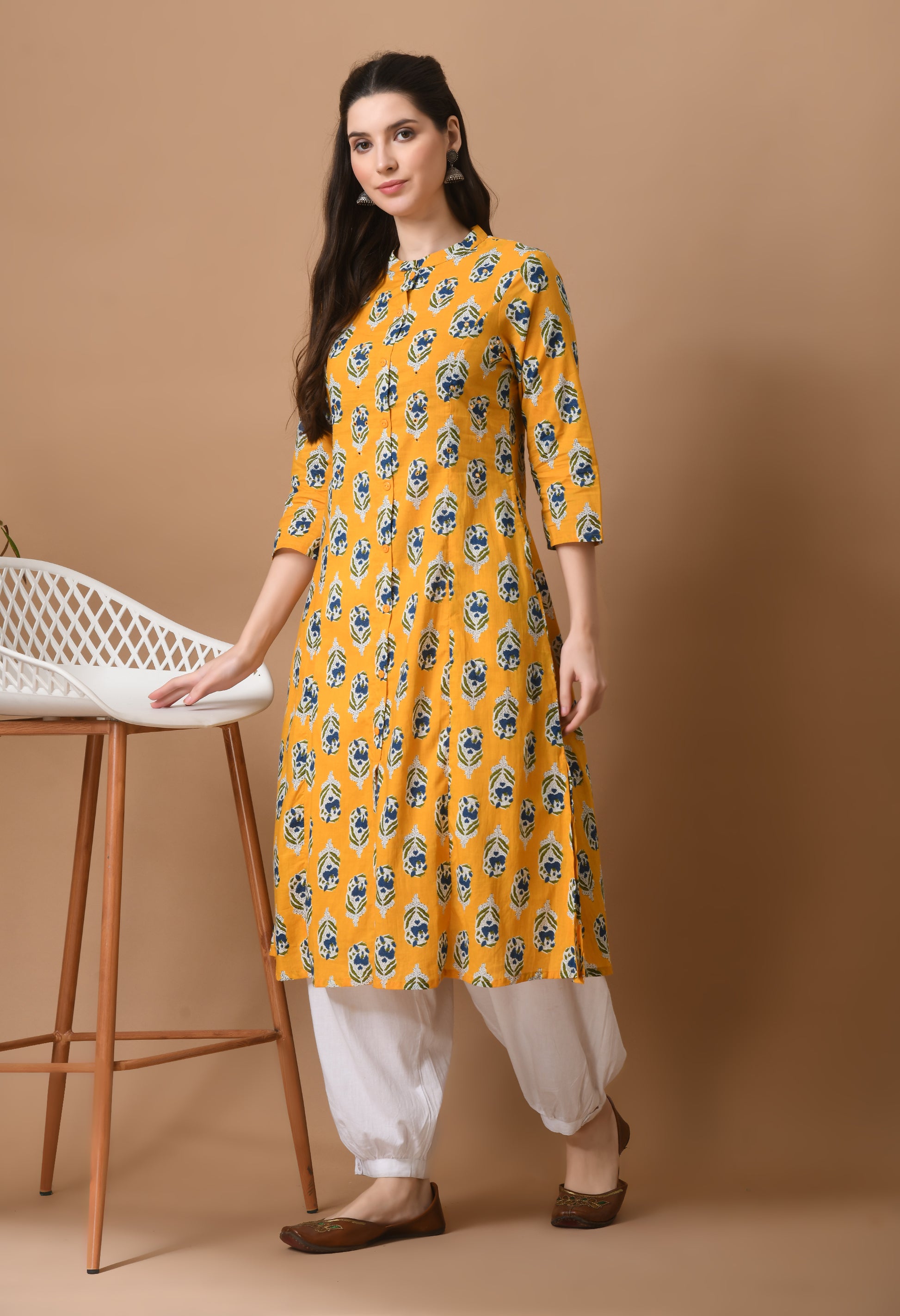 Yellow Cotton Printed Long kurta