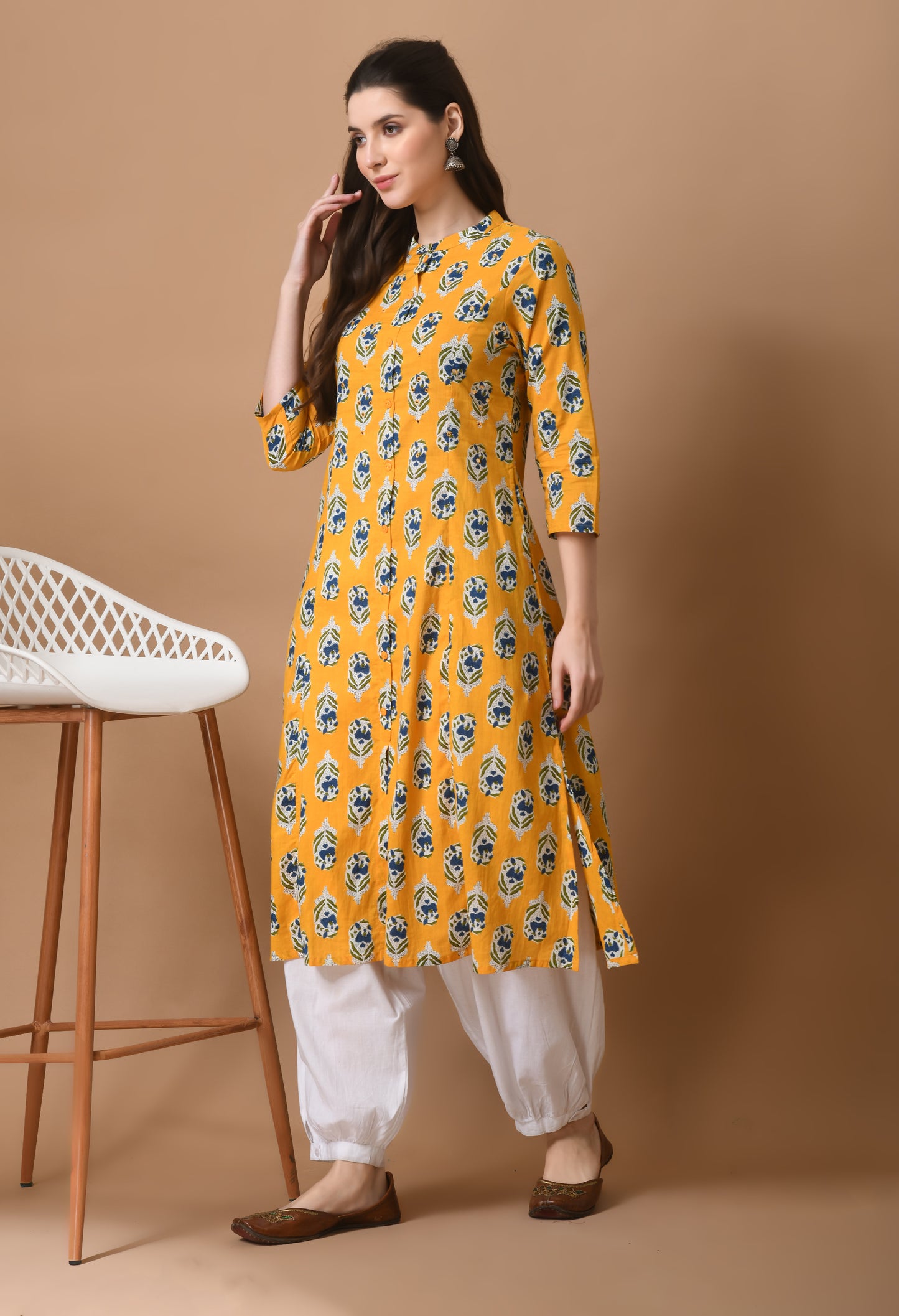 Yellow Cotton Printed Long kurta