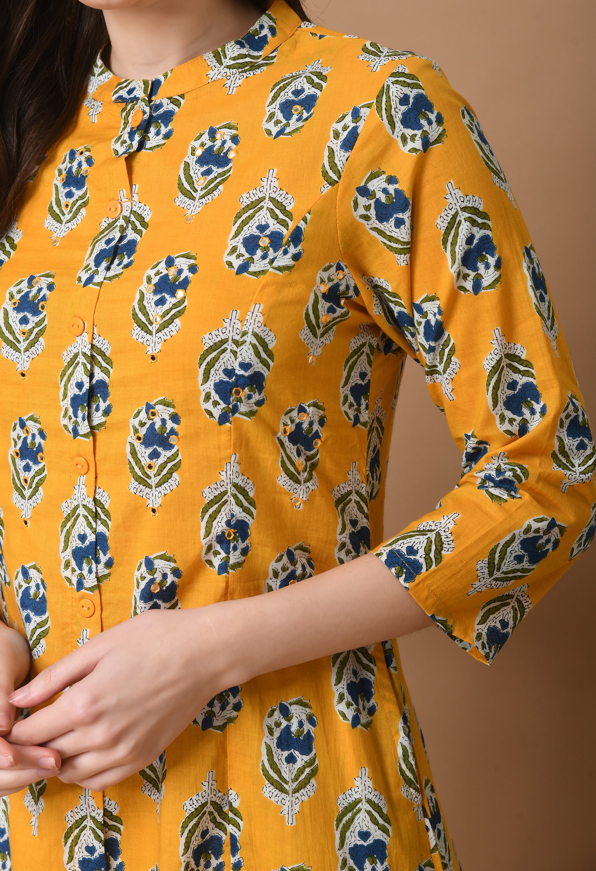 Yellow Cotton Printed Long kurta