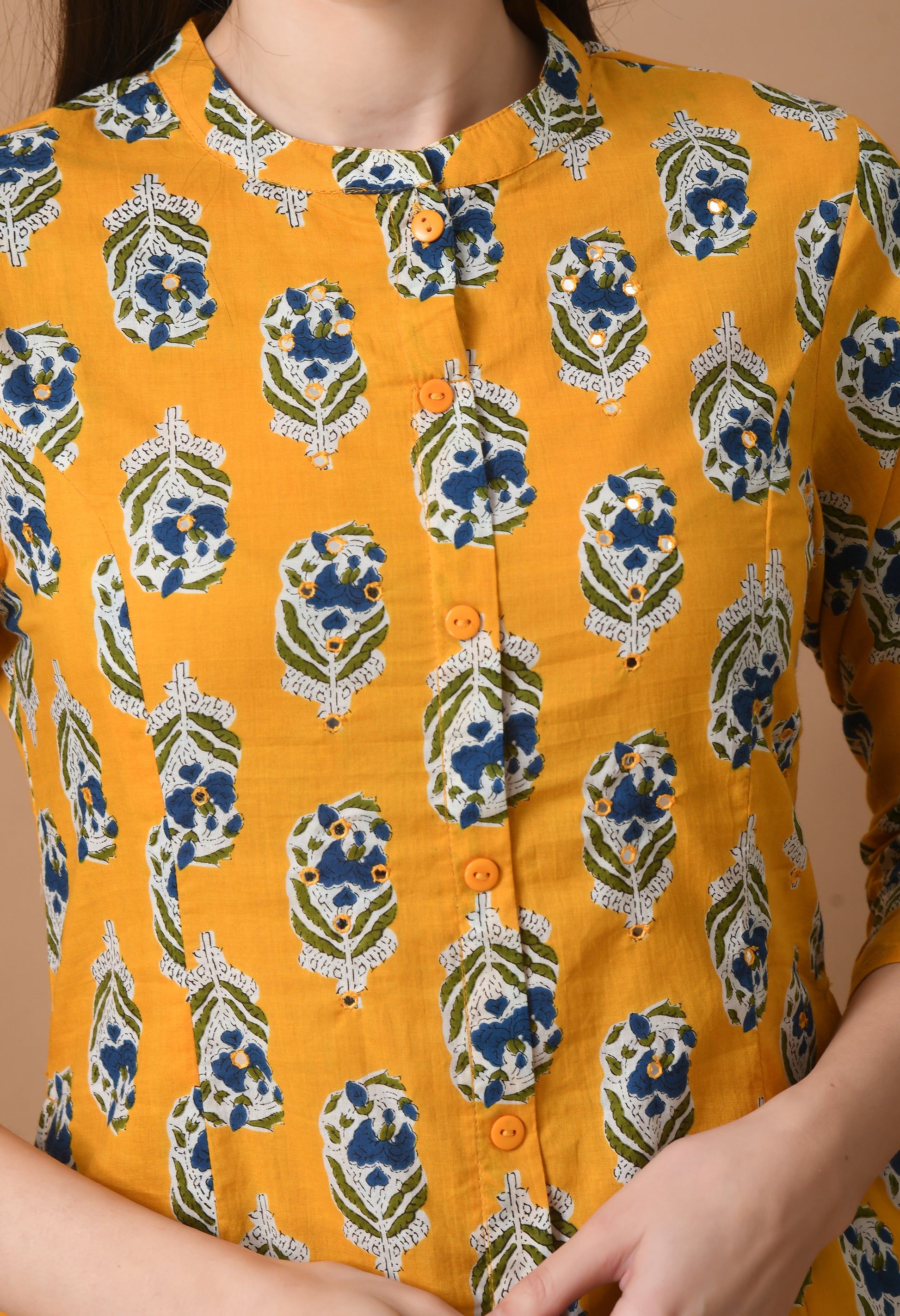 Yellow Cotton Printed Long kurta