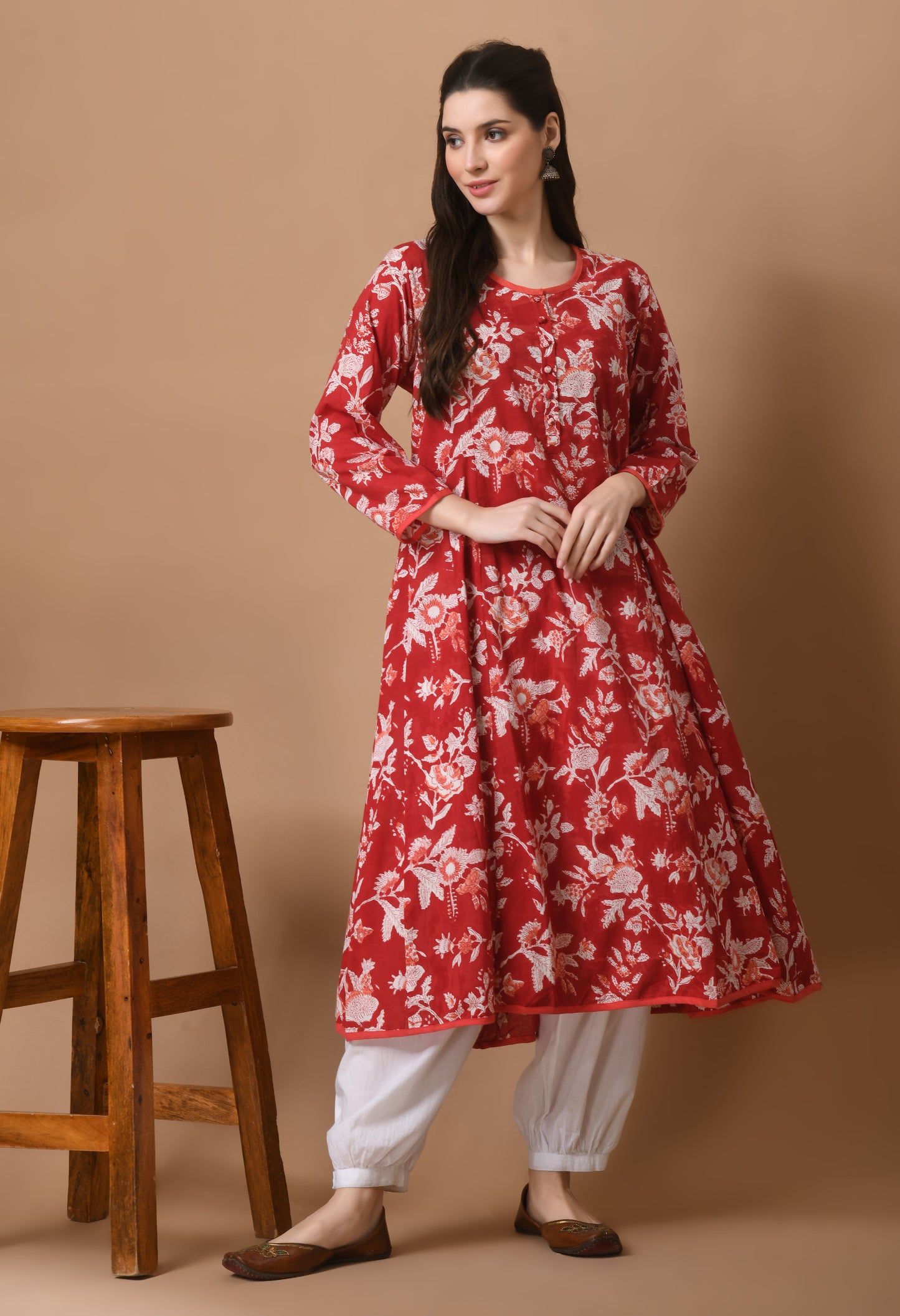 Red Hand block Printed Cotton Kali kurta