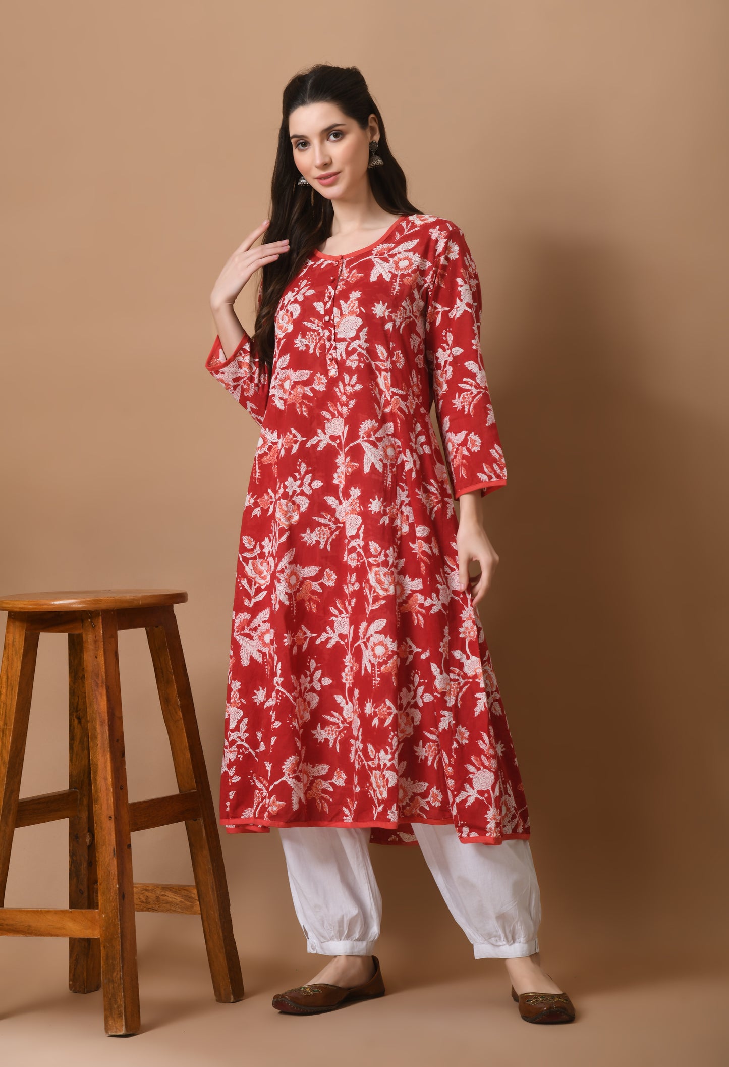 Red Hand block Printed Cotton Kali kurta