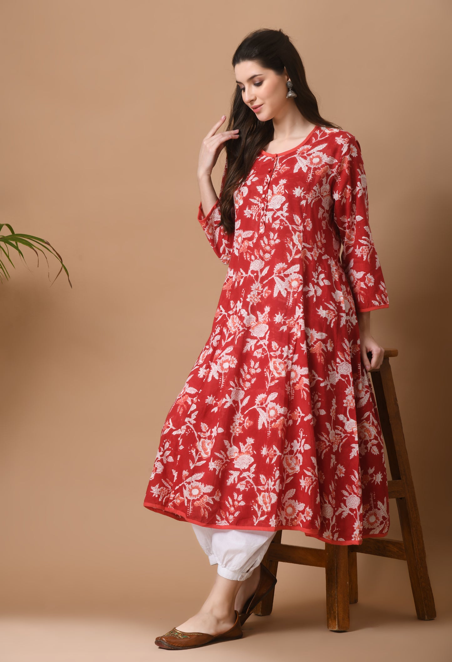 Red Hand block Printed Cotton Kali kurta