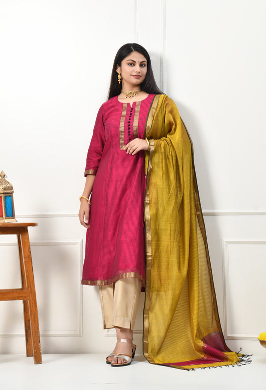 Maheshwari Handloom Wine Kurta with Dupatta