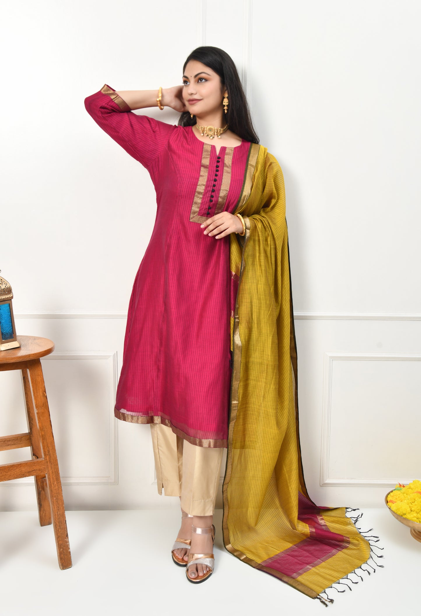 Maheshwari Handloom Wine Kurta with Dupatta