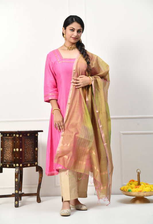 Maheshwari Handloom Pink Kurta with Dupatta