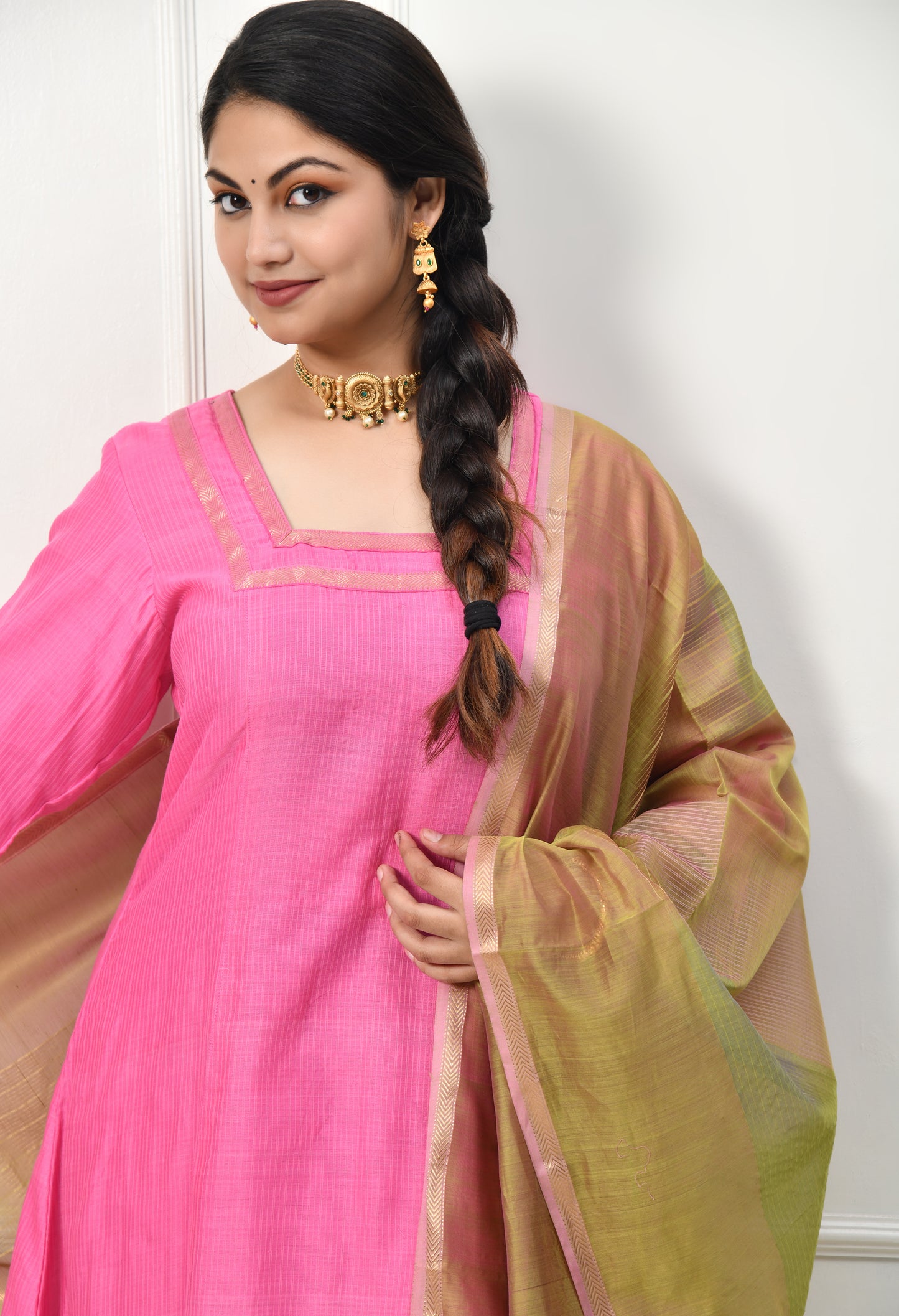 Maheshwari Handloom Pink Kurta with Dupatta