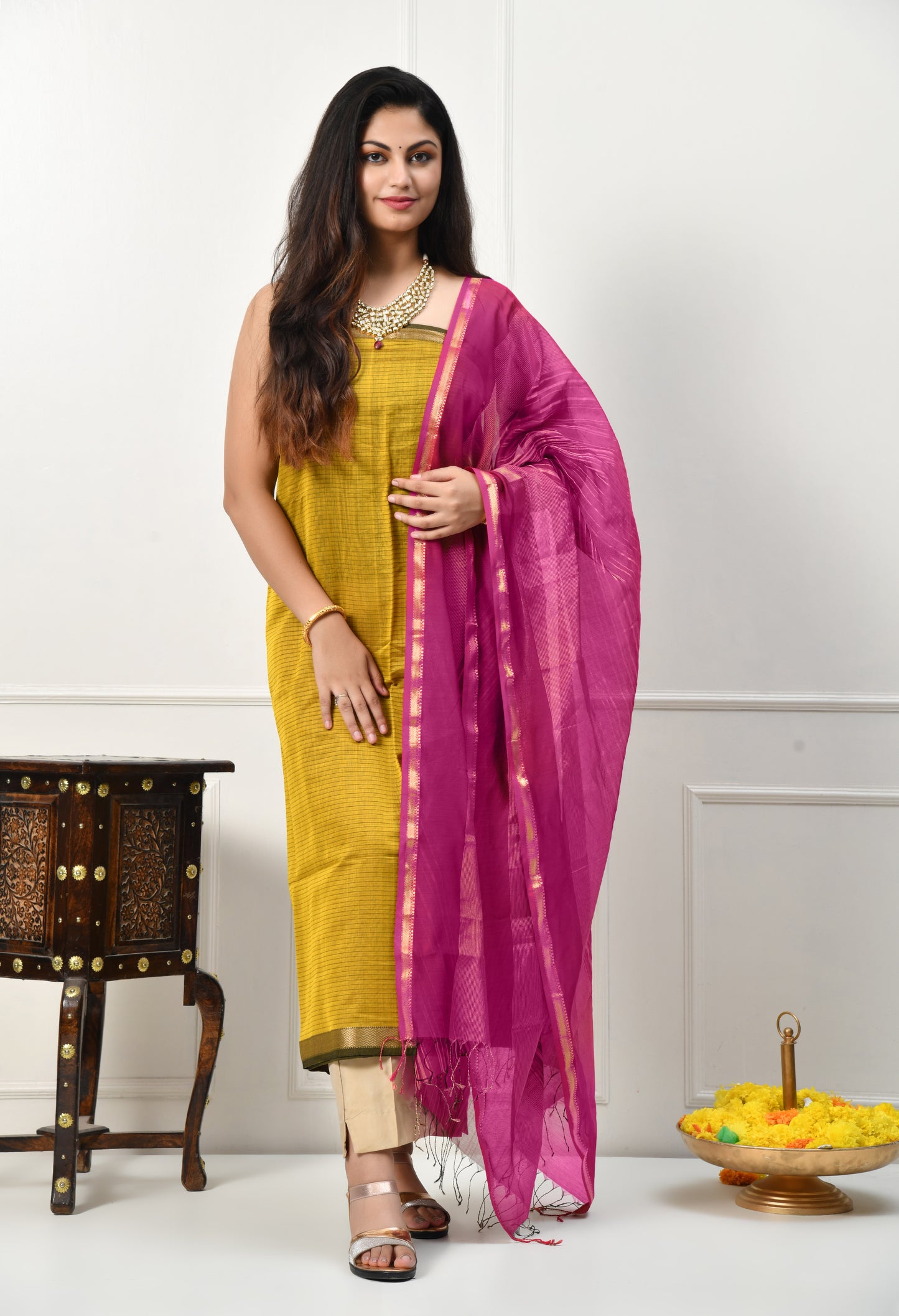 Mustard Maheshwari Handloom Silk Cotton  Kurta Material and Dupatta