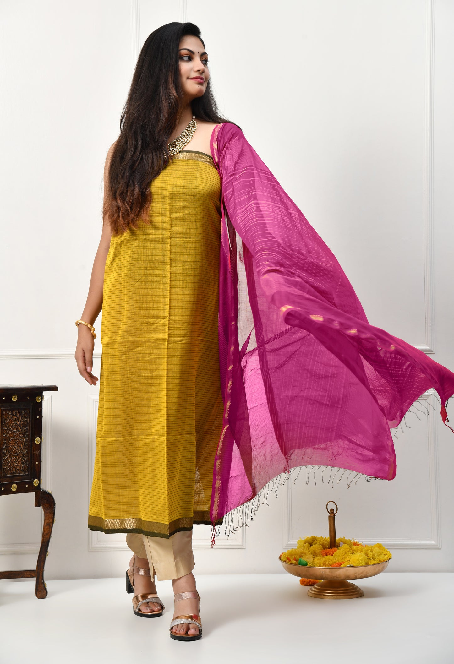 Mustard Maheshwari Handloom Silk Cotton  Kurta Material and Dupatta