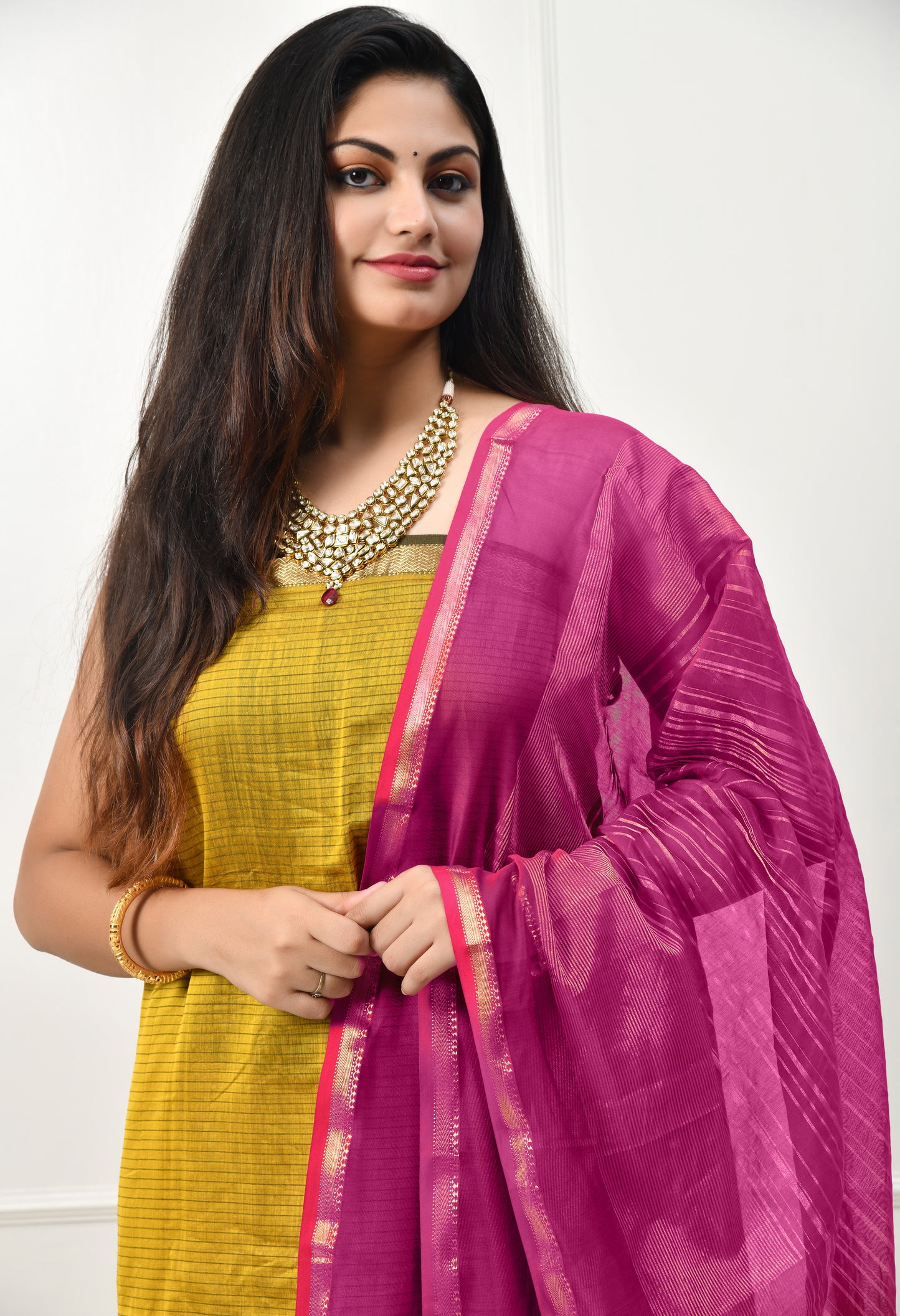 Mustard Maheshwari Handloom Silk Cotton  Kurta Material and Dupatta