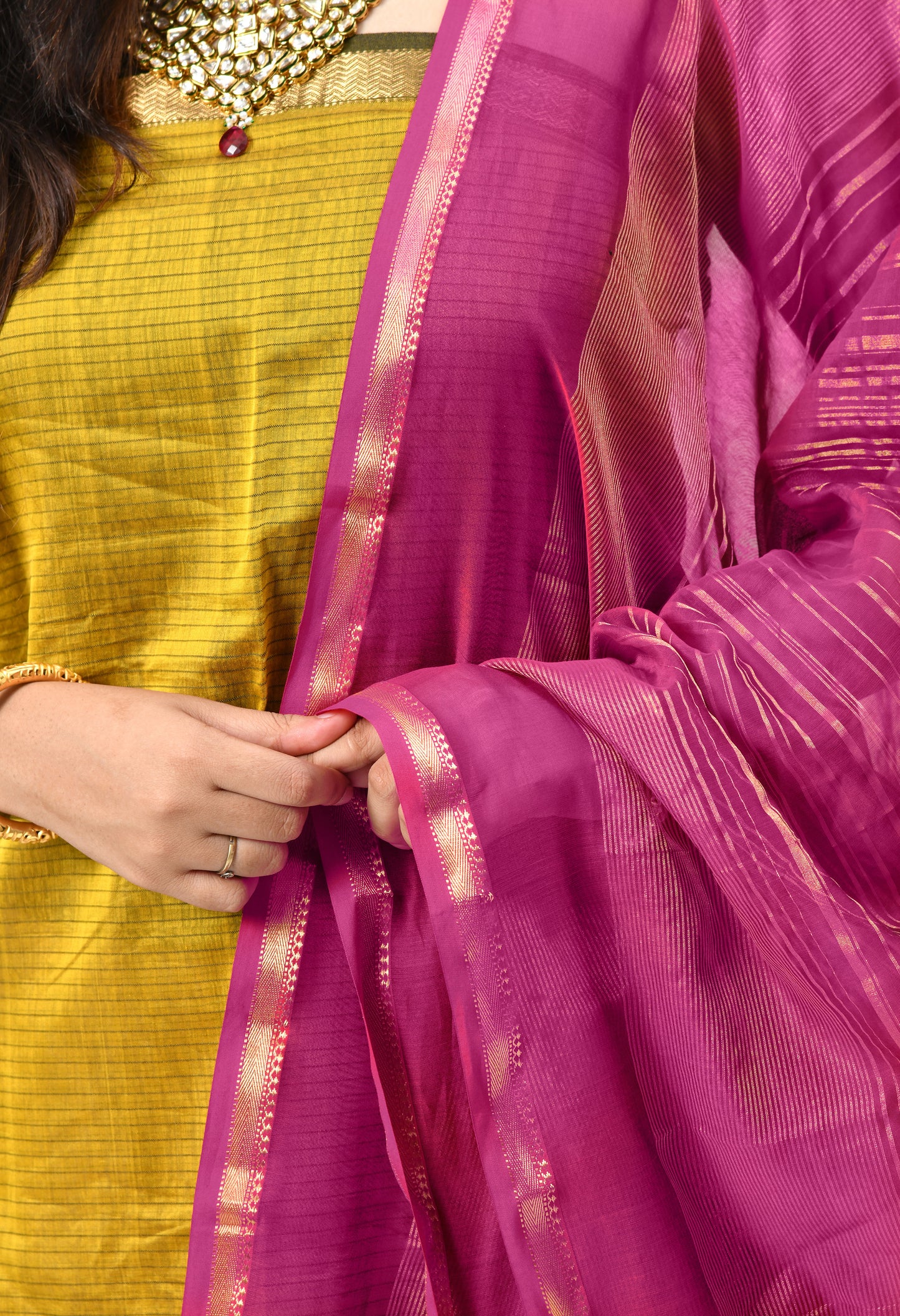 Mustard Maheshwari Handloom Silk Cotton  Kurta Material and Dupatta