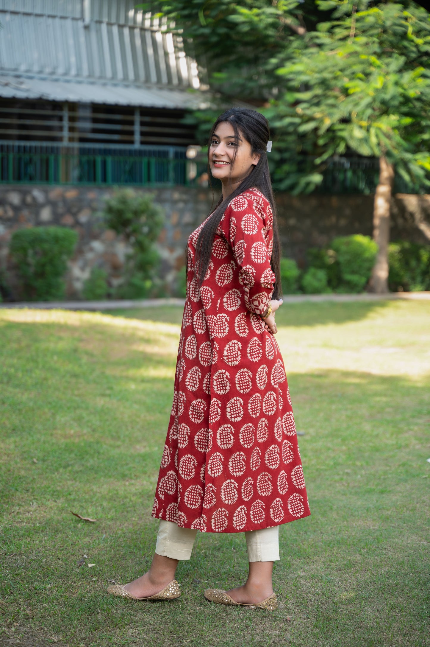 Red Dabu Hand Block Printed Long kurta