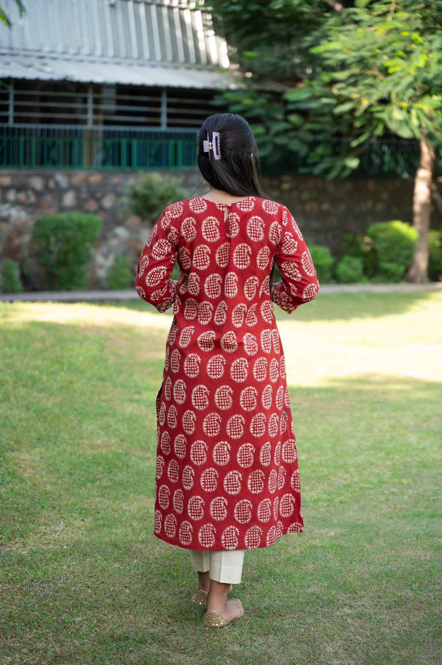 Red Dabu Hand Block Printed Long kurta