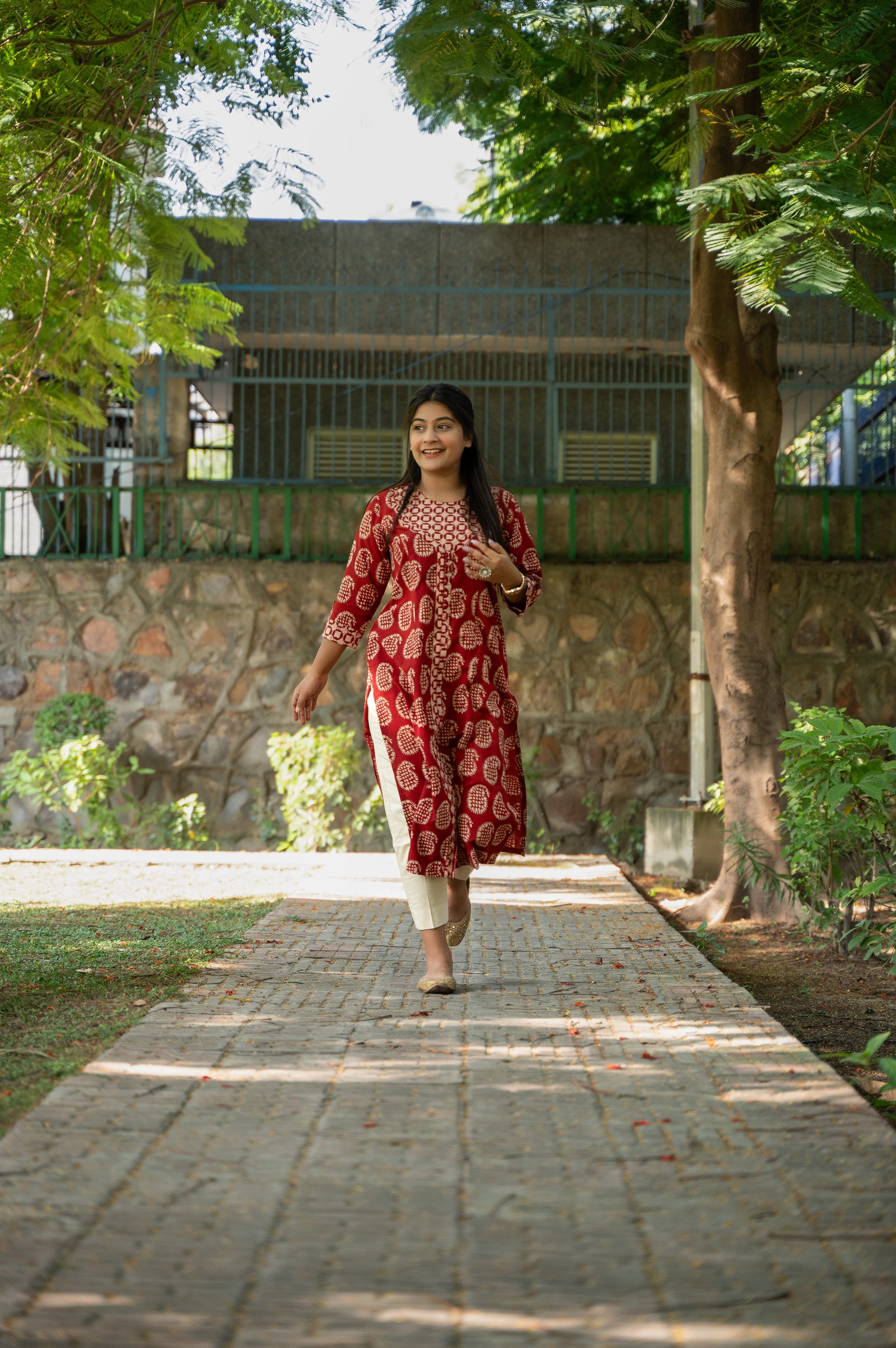 Red Dabu Hand Block Printed Long kurta