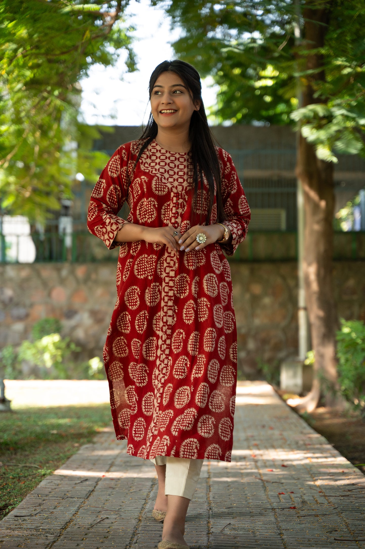 Red Dabu Hand Block Printed Long kurta