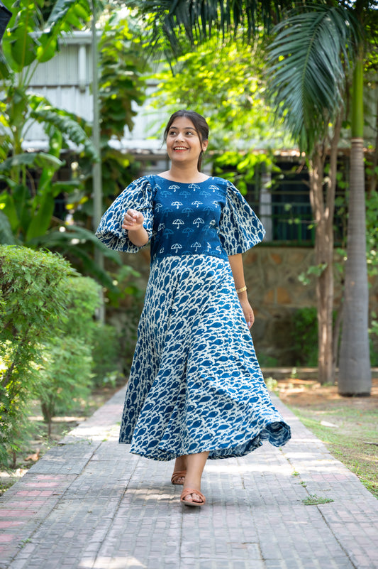 Indigo Dabu Hand Block Printed Cotton dress