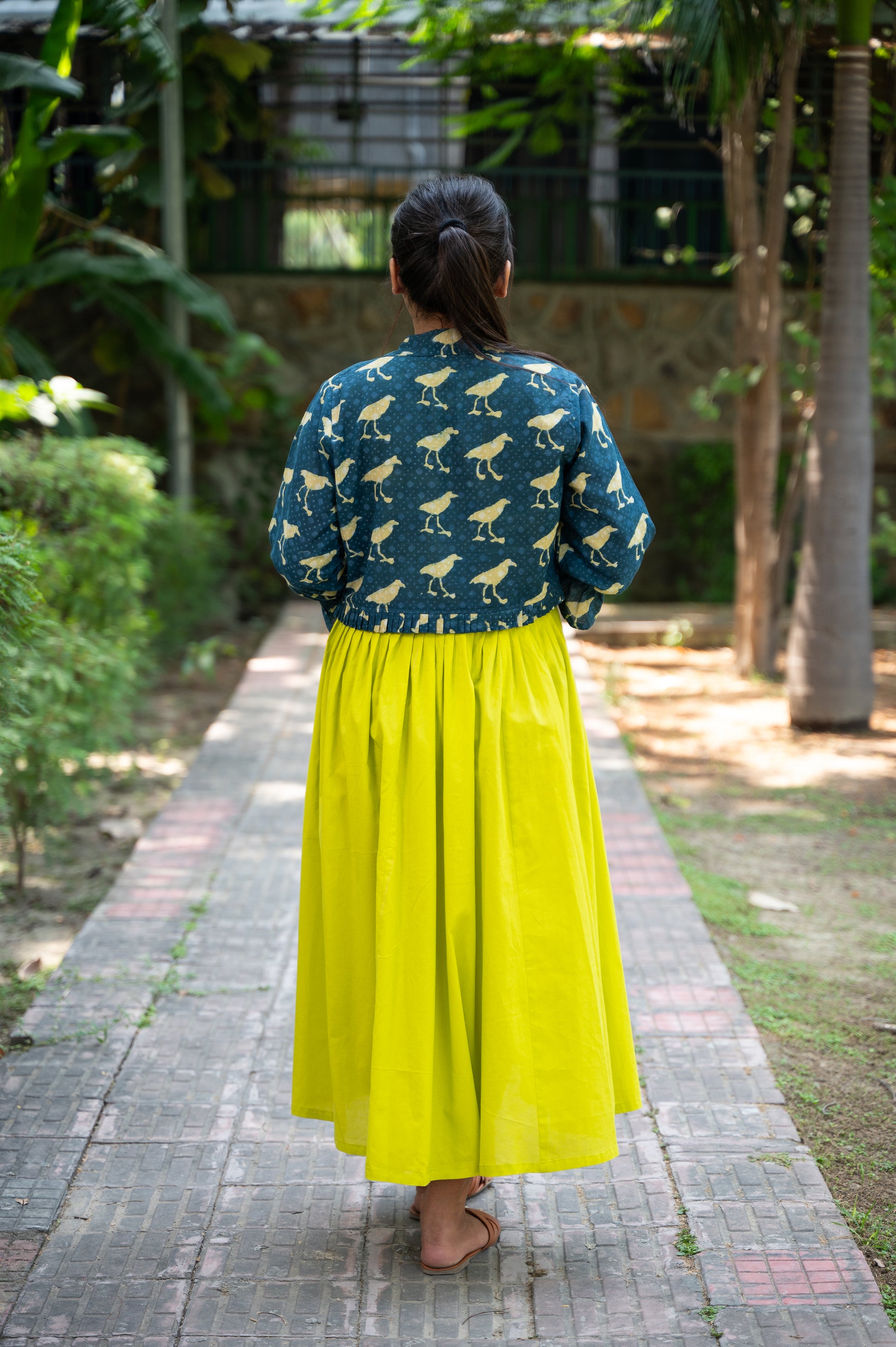 Pure Cotton long dress with indigo hand block printed cropped jacket