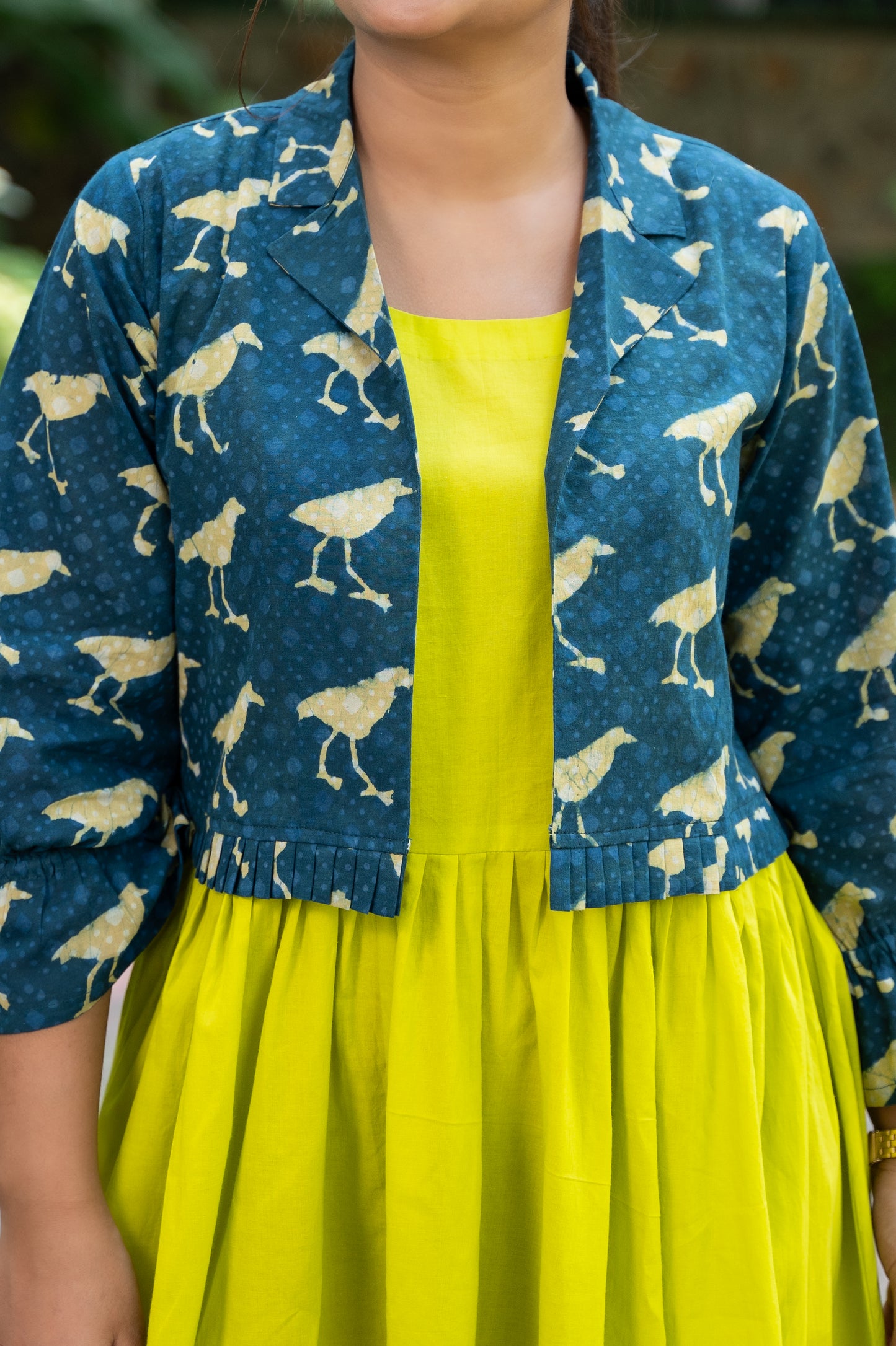 Pure Cotton long dress with indigo hand block printed cropped jacket