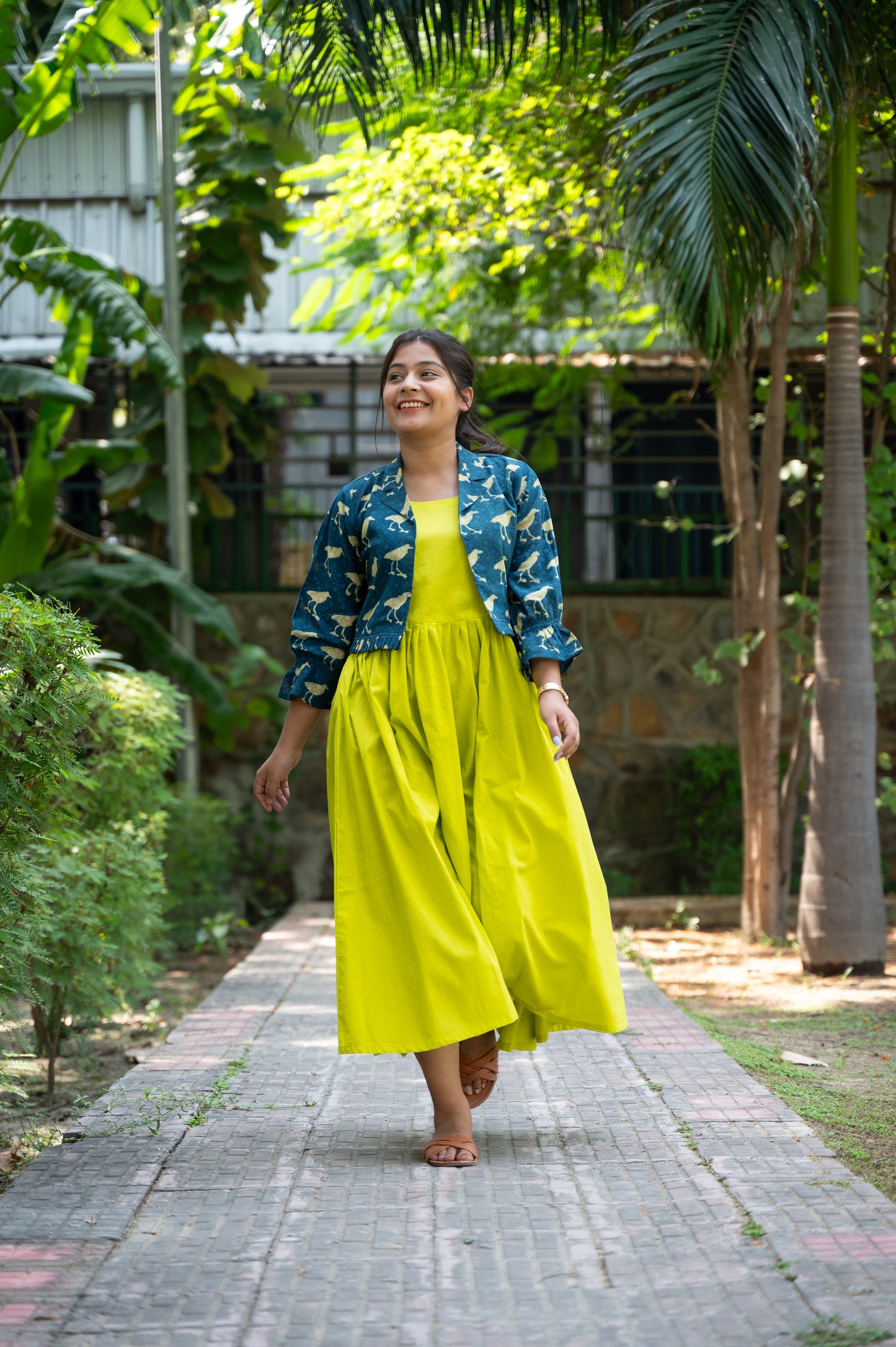 Pure Cotton long dress with indigo hand block printed cropped jacket