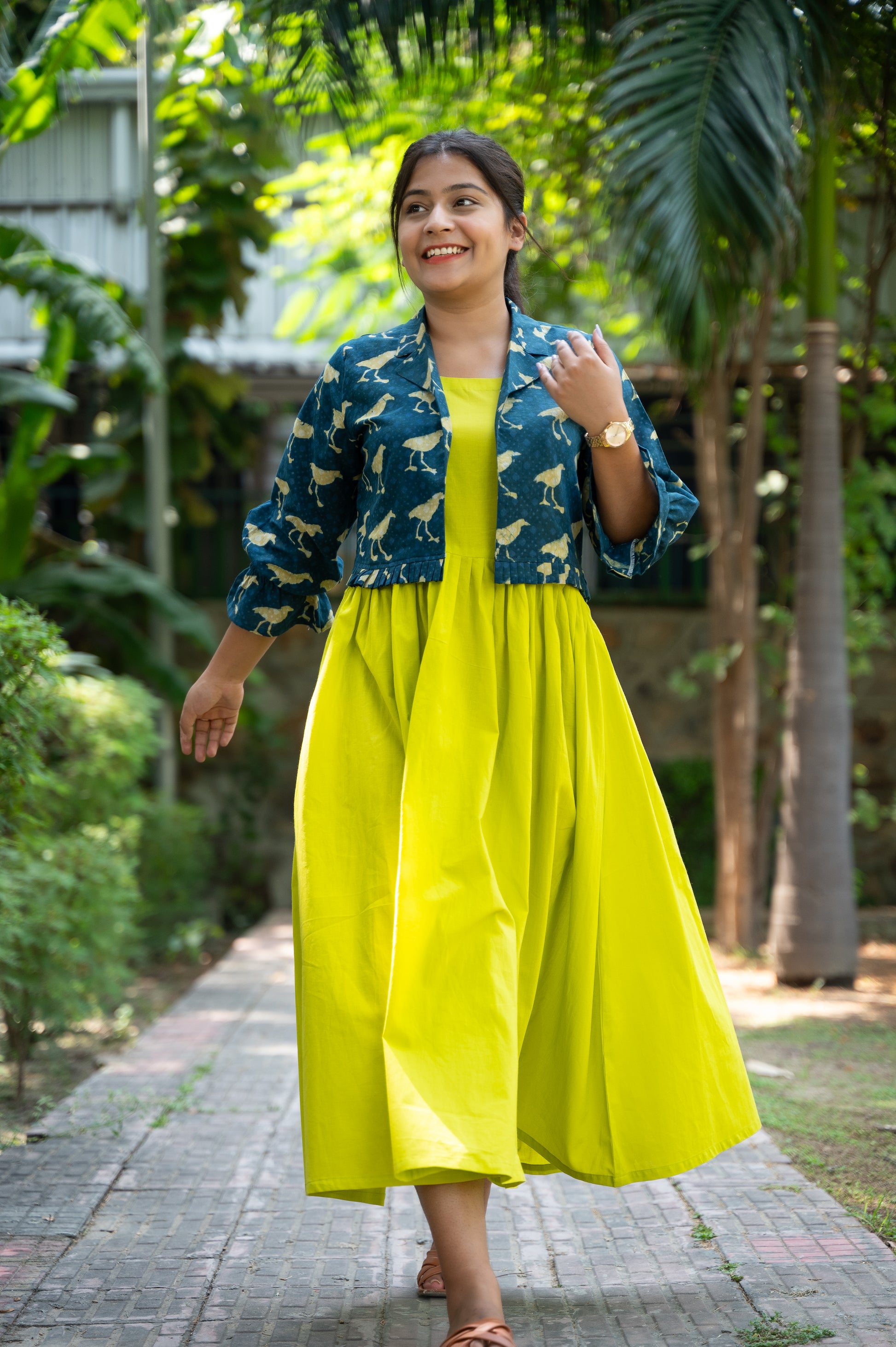 Pure Cotton long dress with indigo hand block printed cropped jacket