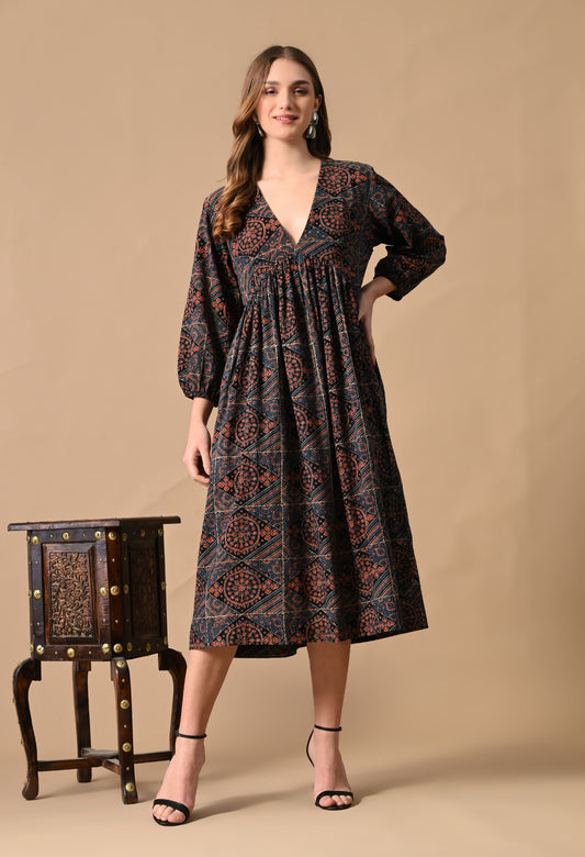 Blue Ajrakh Hand block Printed Dress