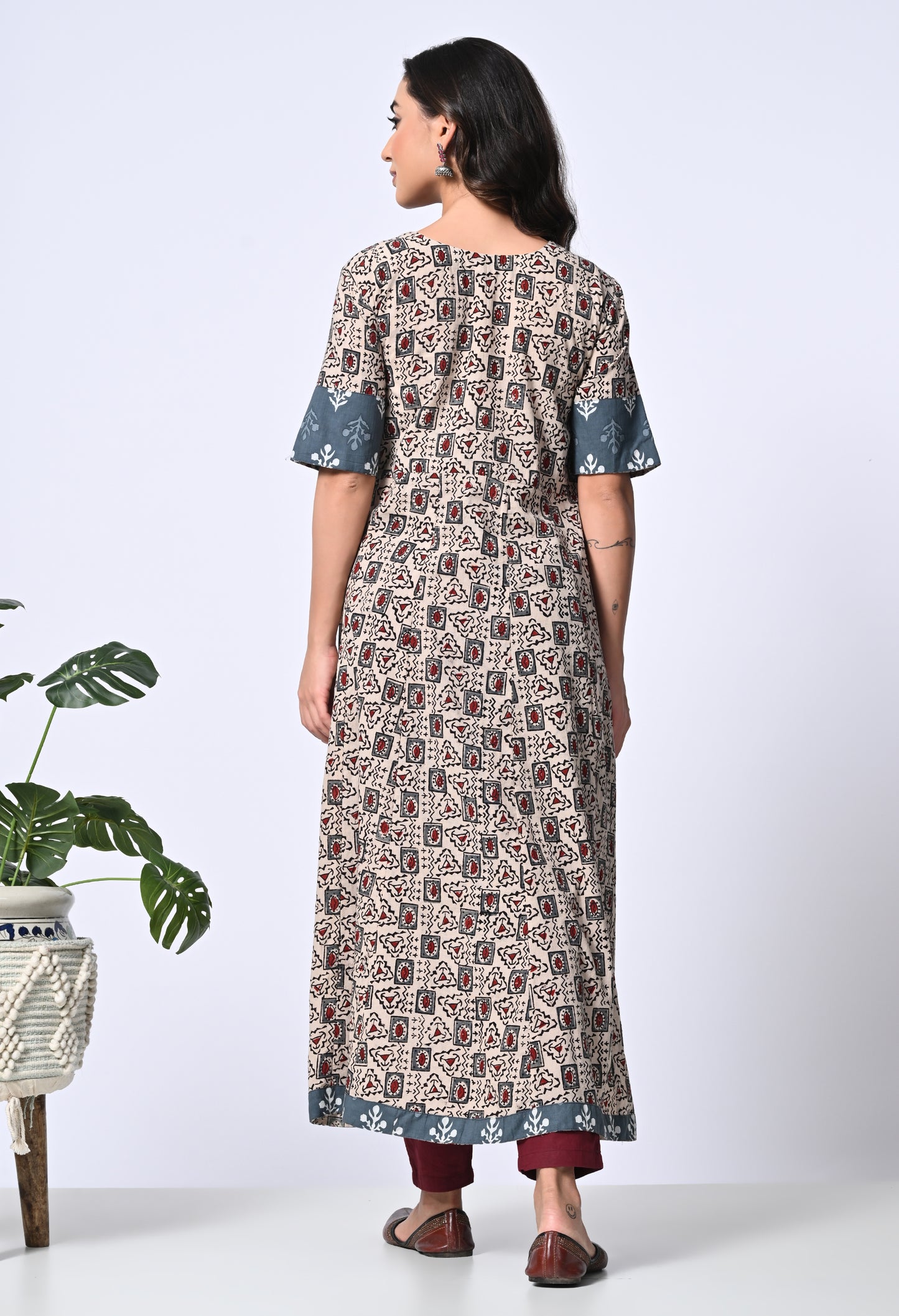 Off White and Grey Ajrakh HandBlock Printed Kali Kurta