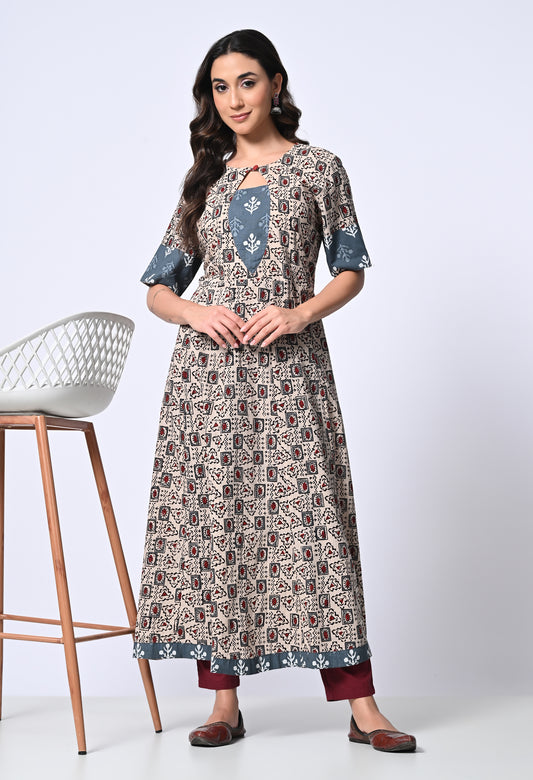 Off White and Grey Ajrakh HandBlock Printed Kali Kurta