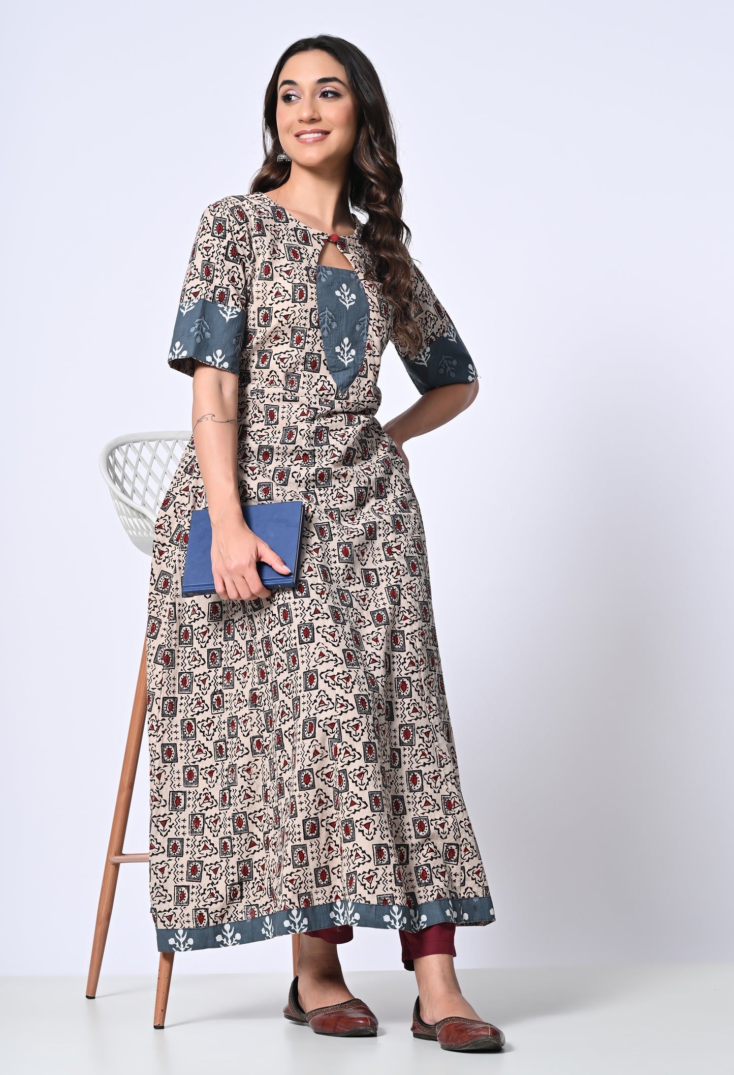 Off White and Grey Ajrakh HandBlock Printed Kali Kurta