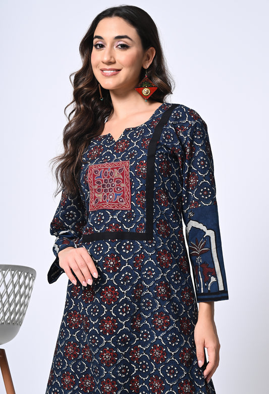 Blue Ajrakh Handblock Printed Cotton kurta