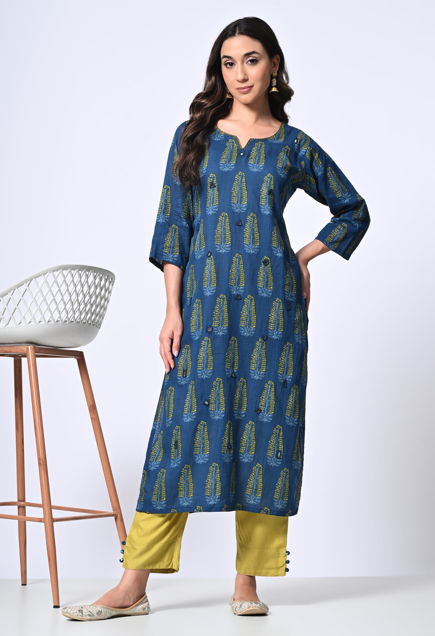 Blue Cotton Kurta with Mirror work