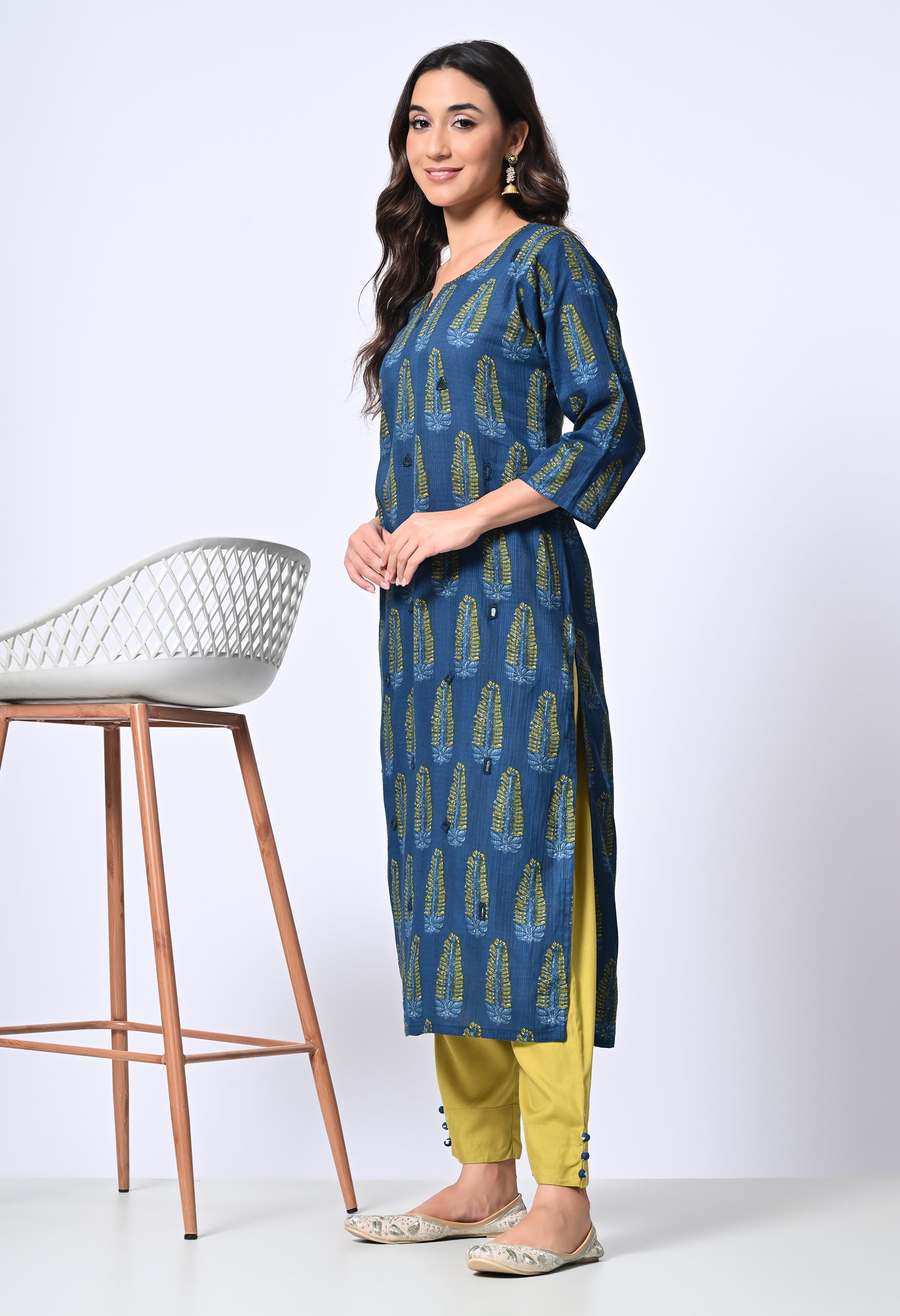 Blue Cotton Kurta with Mirror work