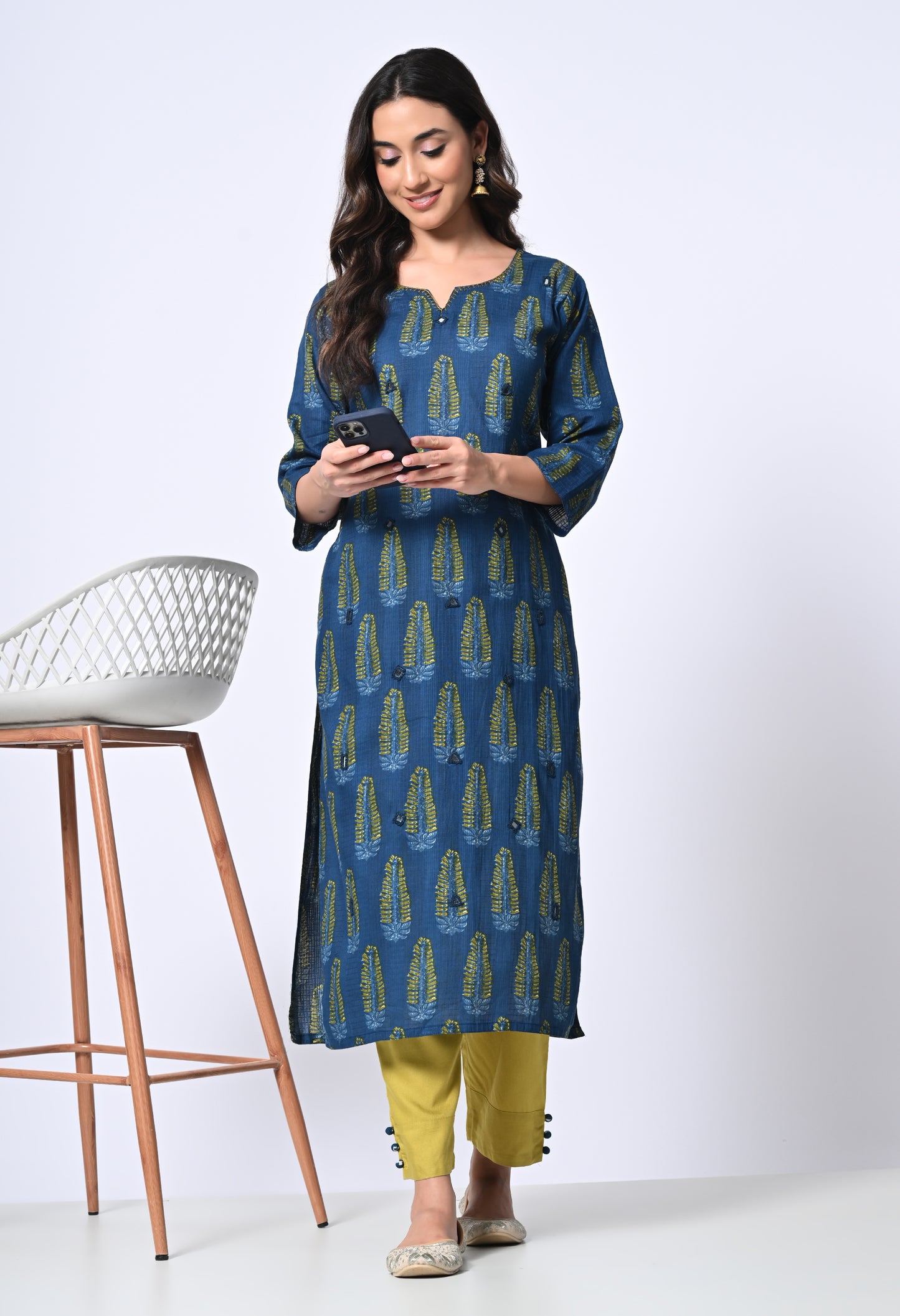 Blue Cotton Kurta with Mirror work