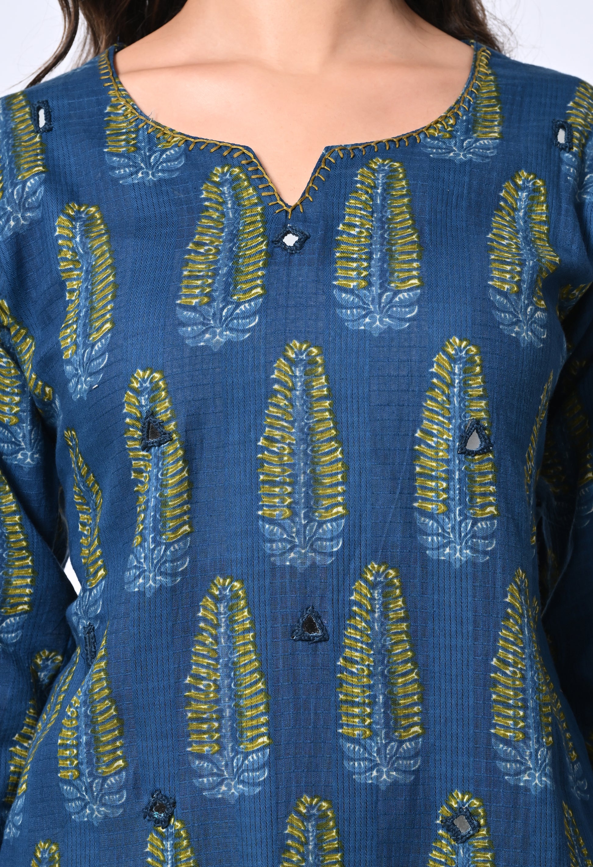 Blue Cotton Kurta with Mirror work