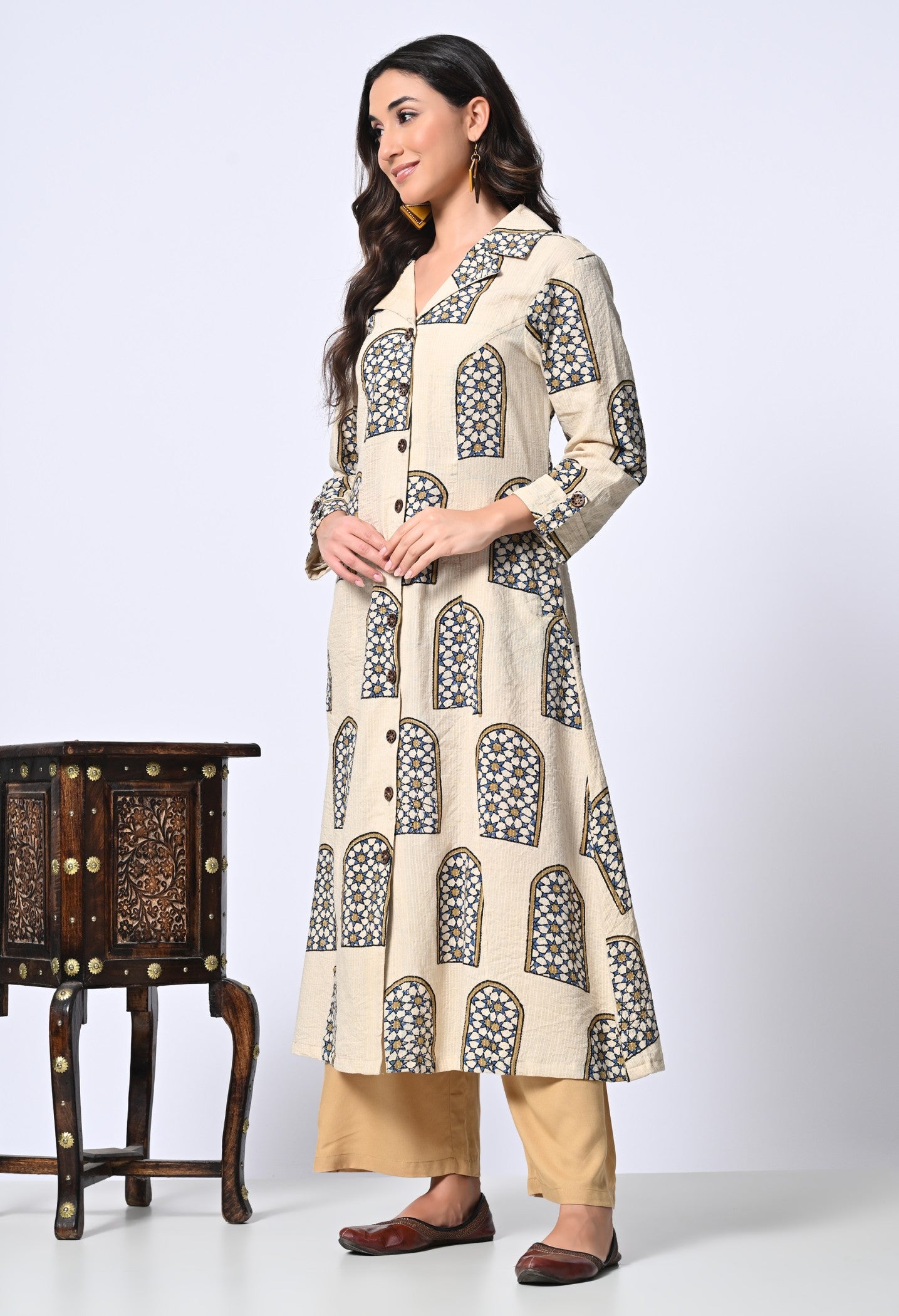 White Ajrakh Hand Block Printed Cotton kurta